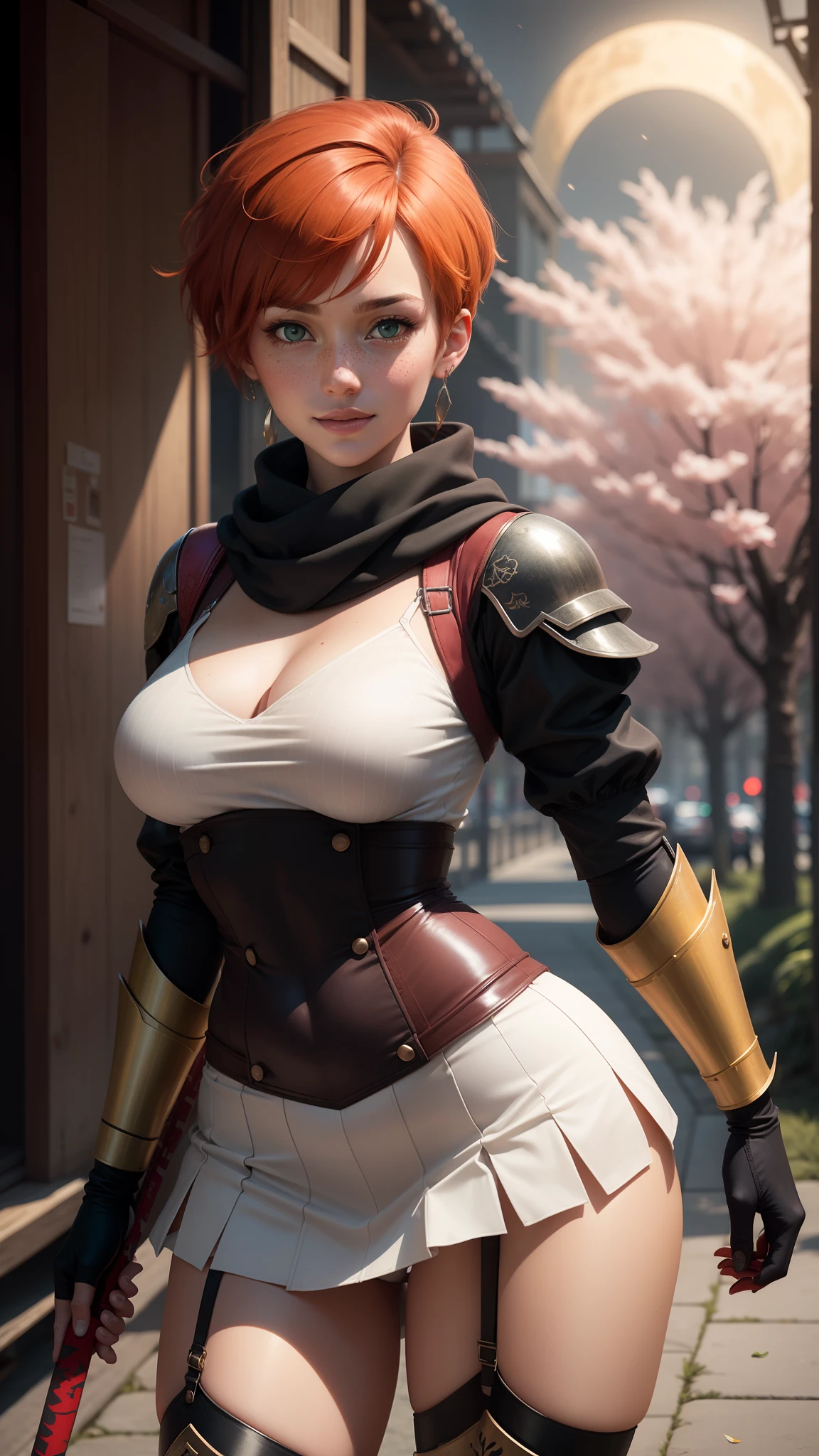 gwen tennyson,tracer,yorha 2b,rebecca chambers,samurai outfit,japan,steel armor,teenager,green eyes,garter belt, thigh high boots,short hair,orange hair,moonlight,cherry blossom,shy smile,white striped top, bodycon skirt,freckles,redhead,kimono corset, beautiful girl,large breasts,ultra detailed,realistic,long ninja scarf,silver earrings,holding a katana,