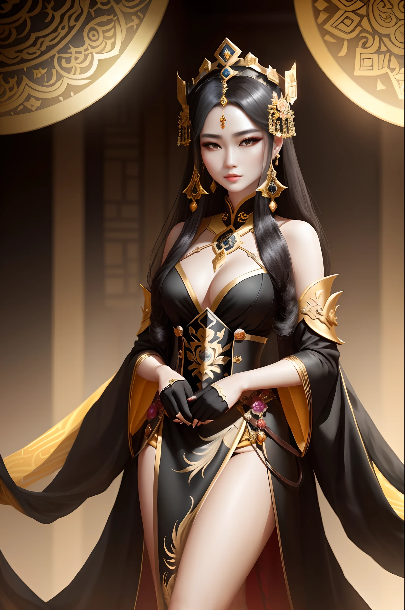 a close up of a woman in a black and gold outfit, a beautiful fantasy empress, inspired by Lan Ying, palace , a girl in hanfu, heise jinyao, trending on cgstation, full body xianxia, yun ling, by Yang J, ((a beautiful fantasy empress)), queen of the sea mu yanling, trending at cgstation