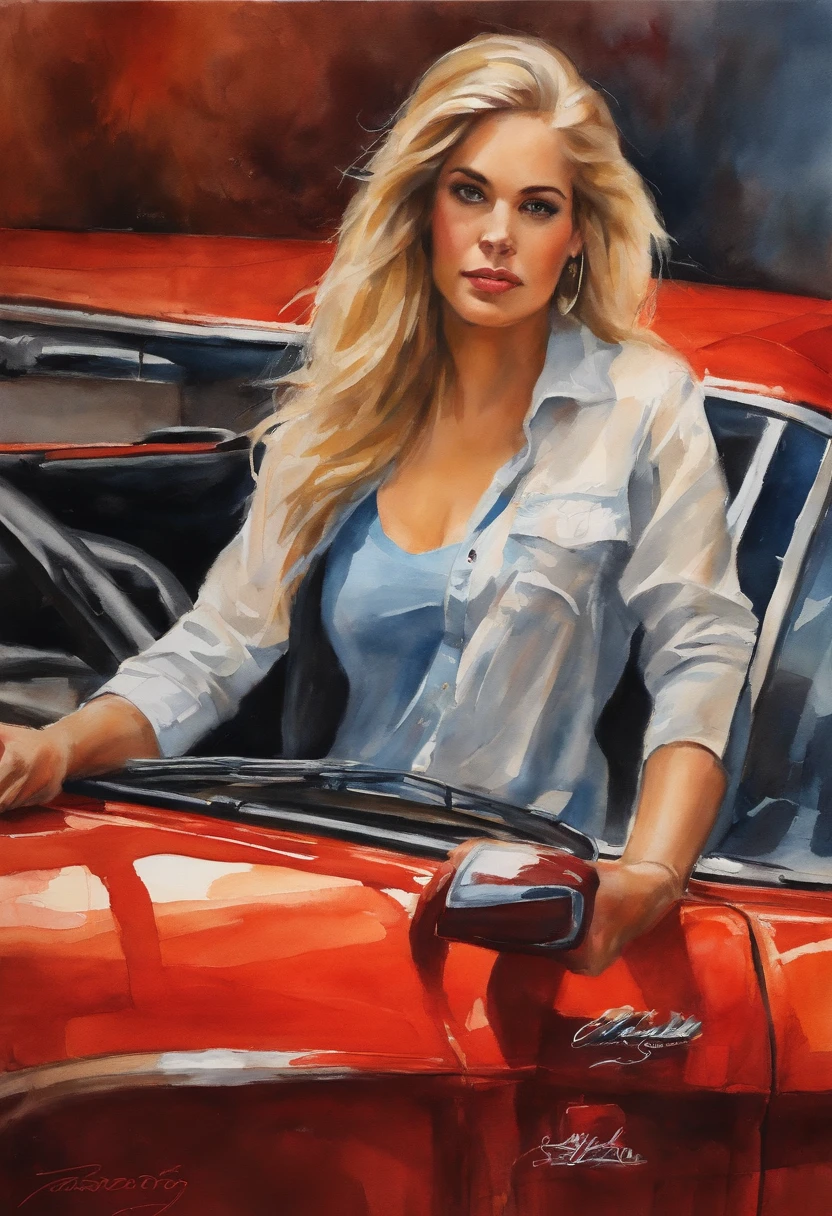 (obra-prima, mejor calidad),1chica joven sensual rubia con cabello claro sentada en un carro lamborghini rojo, la mano debajo de la barbilla, warm lighting, vestida de blue jeans and shirt, primer plano borroso