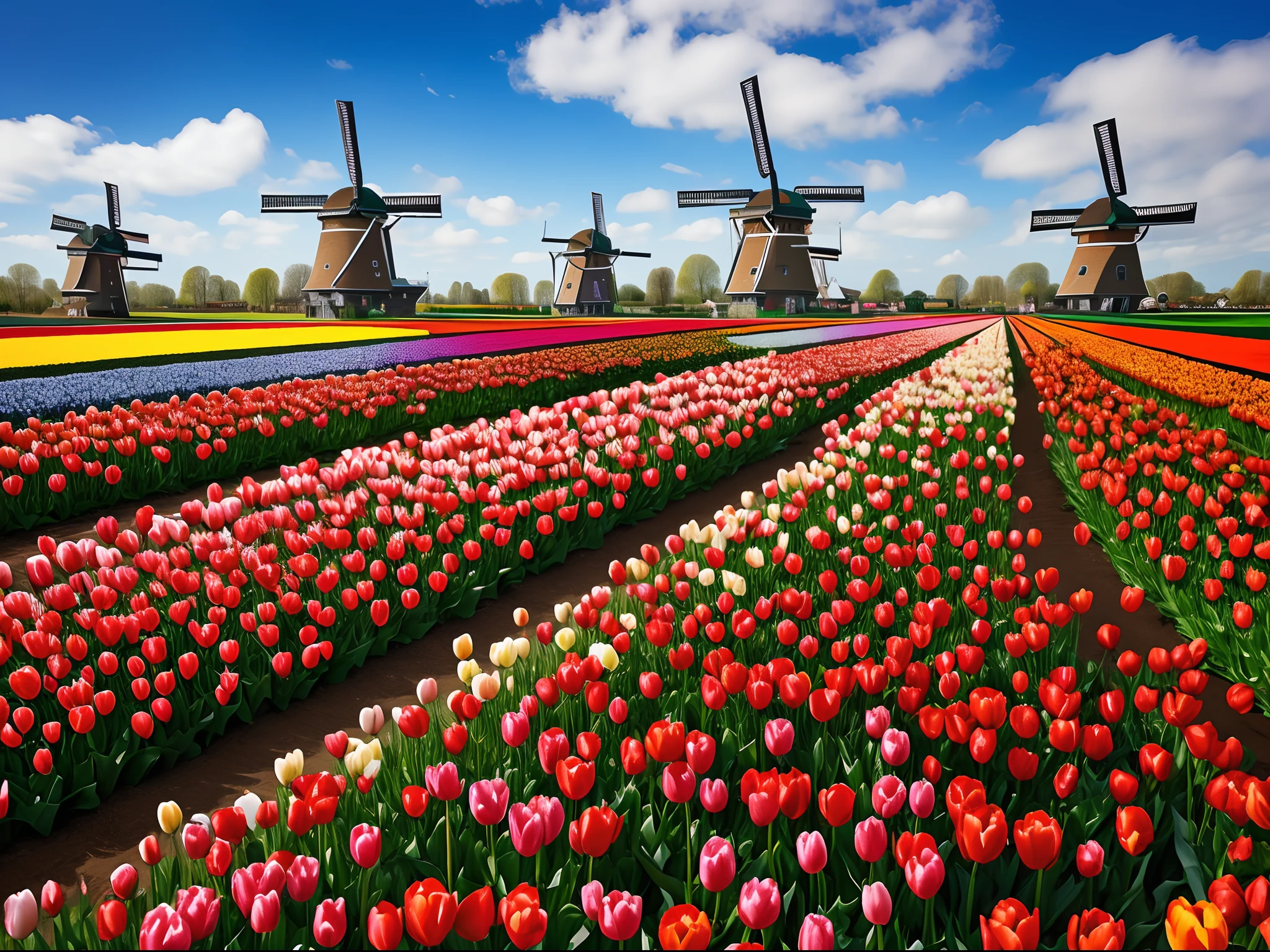 Tulip fields in the Keukenhof, Netherlands, Millions of colorful tulips planted in a vast area, Windmills of Zaanse Schanse, Netherlands, Windmill Village,