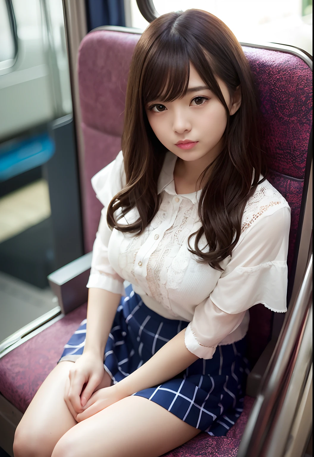 (Raw photography、top-quality)、female pervert(masterpiece:1.4)、(8K、realisitic、Raw photo、top-quality:1.4)、japanes、(1girl in)、beauitful face、(Real Face:1.4)、(Caramel hair、Bob Hair Hair:1.3)、Beautiful hairstyle、realisticeyes、Beautiful Detail Eye、(Real Skin:1.3)、Beautiful skin、enticing、超A high resolution、A hyper-realistic、high-detail、the golden ratio、(详细的脸:1.4)、high-school uniform、Cotton white underwear and pleated skirt、knee-bendings sitting、tiptoe、bare-legged、NSFW、 Pose(Bend your knees and open your legs)、(showing the panty)、realisitic、Photorealsitic:1.3)、top-quality、masterpiece、extremely delicate and beautiful、A highly detailed、nffsw、A sense of unity、2k wallpaper、magnifica、Beautiful in every detail、masterpiece、浅笑、top-quality、Highly detailed ticker Unity 8K wallpapers、huge filesize、ultra-detailliert、hight resolution、ighly detailed、Slim body、A slender、(Bob Hair Hair)、(brown haired)、looking at viewert、large full breasts、NSFW、、、、PureFace_v1:0.8. High School Girl、shortsleeves、White Short Sleeve Cutter Shirt、Dark blue pleated skirt、Panties are perfectly visible from the skirt、Girl sitting on train seat、When viewed from the opposite seat, The panties in the skirt are fully visible、Sit in a train seat with your legs spread、It is important that the panties are visible、