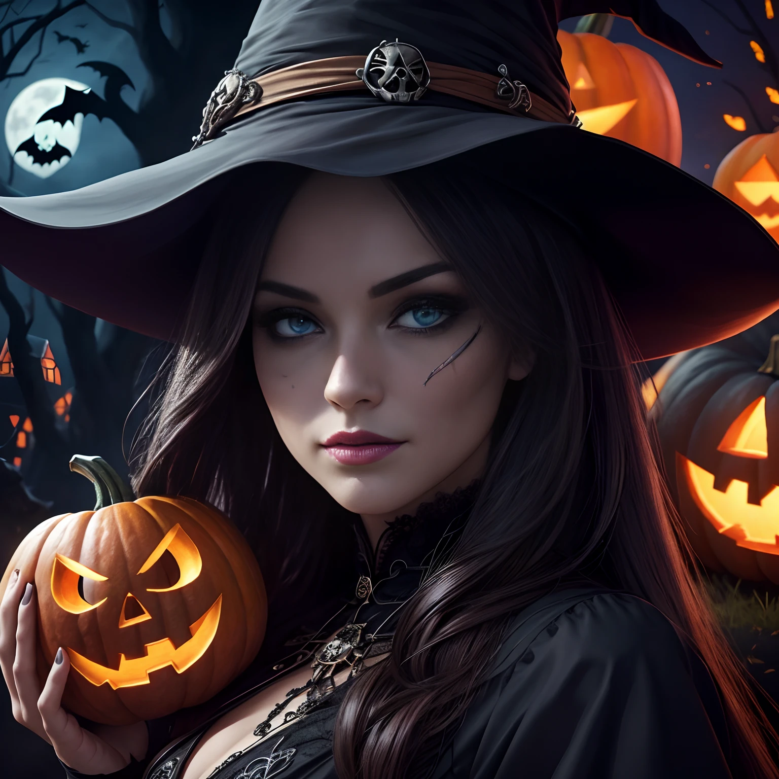 The ultra -The high-definition, ultra intricate, Beautiful, 4K Graphics, beautiful witch, Witch, Beautiful woman, beautidful eyes, With skull, Halloween Taste, Halloween."