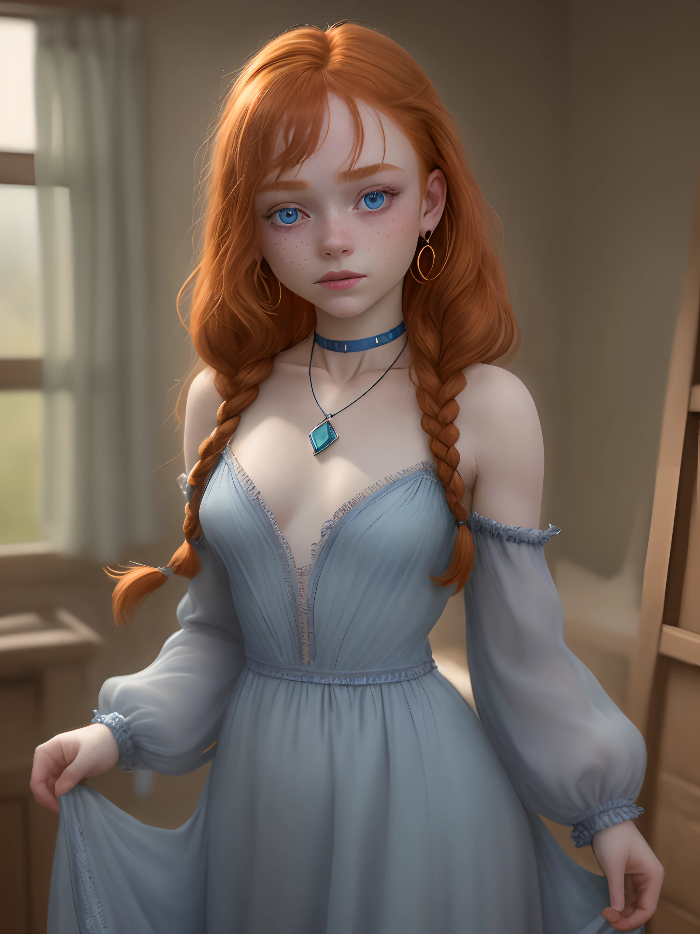 girl in, 19, Solo, Aesthetic artwork, irish, wavy ginger hair, shoulder length hair, gray eyes, light grey eyes, pale skin, A-cup, small breasts, runners body, (textured skin, skin pores:1.1), goosebumps, in a green sundress, downblouse, outside, no hands ((hands hidden)), stockings