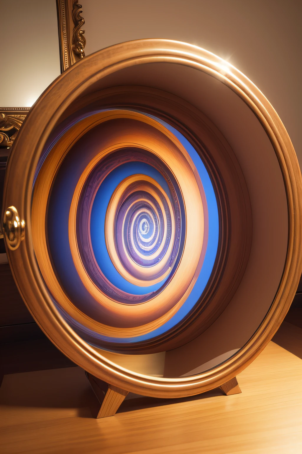 very detailed and structured colored spiral droste effect in a mirror