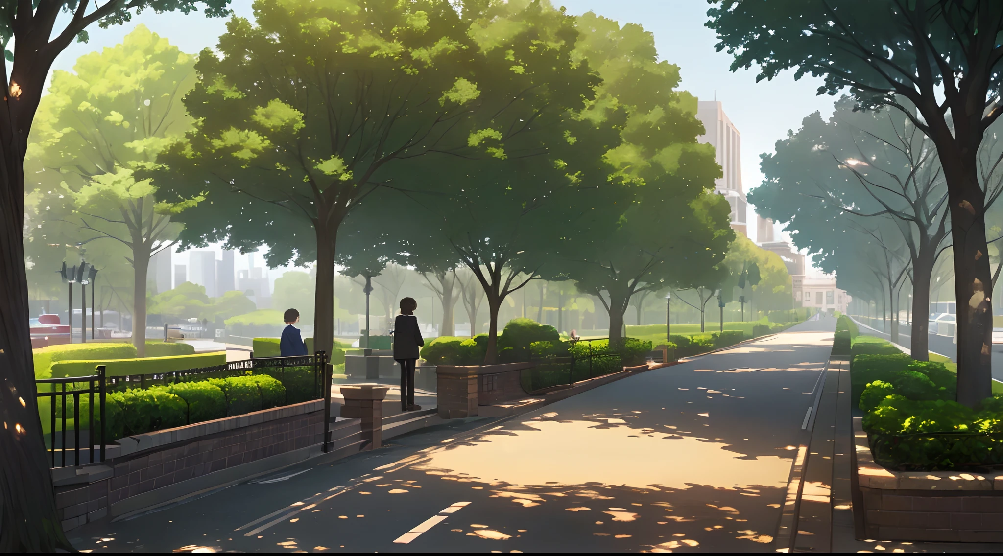 masterpiece, a park, side walk, morning, good lighting, road, a tree, magazines, a cafe nearby, beautiful view, perfect lines, scenery, 4k hd
