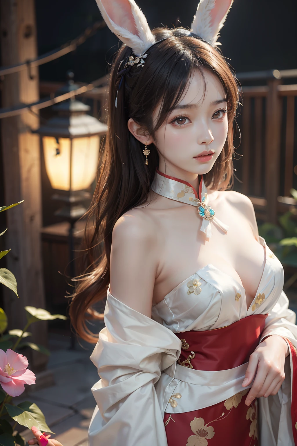 (masterpiece), (best quality), 8k resolution, 1girl, Asian girl, stunning beauty, perfect face, mature female, 20yo, sexy, bare shoulder, bunny ears, Hanfu, hanfu, see-through, dudou, silk, jewelry, fantasy, full moon, lake, holding lantern