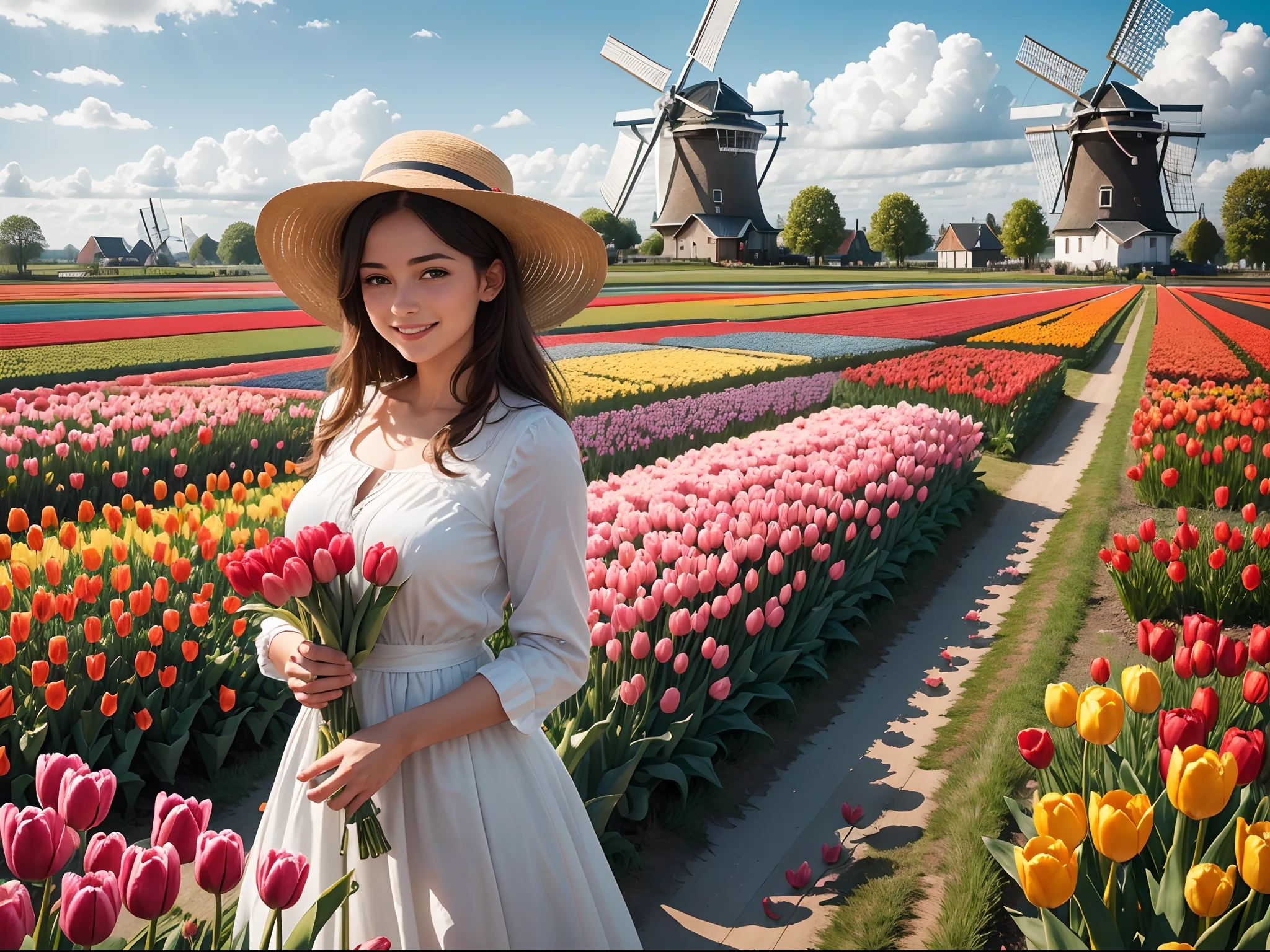(8K, 16 K, Highest Quality, Photorealistic, Raw photo, awardwinning, High resolution, High Definition, masutepiece: 1.3), Netherlands, Windmill Group in the Netherlands, Windmill Village, Blue sky, Tulip fields and windmills in Keukenhof, Millions of colorful tulips planted on vast grounds, Woman in white dress standing in tulip field, a straw fedora hat, A smile , slender, Zaanse Schanse,