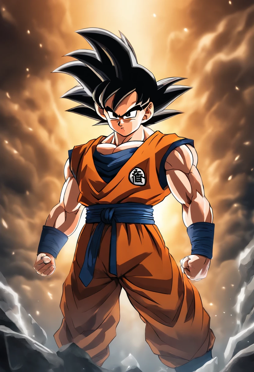 son goku, 1boy, closed mouth, male focus, muscular, muscular male, rock, sash, serious, solo, spiked hair, topless male, torn clothes, ultra instinct, black eyes, black hair, ((masterpiece))