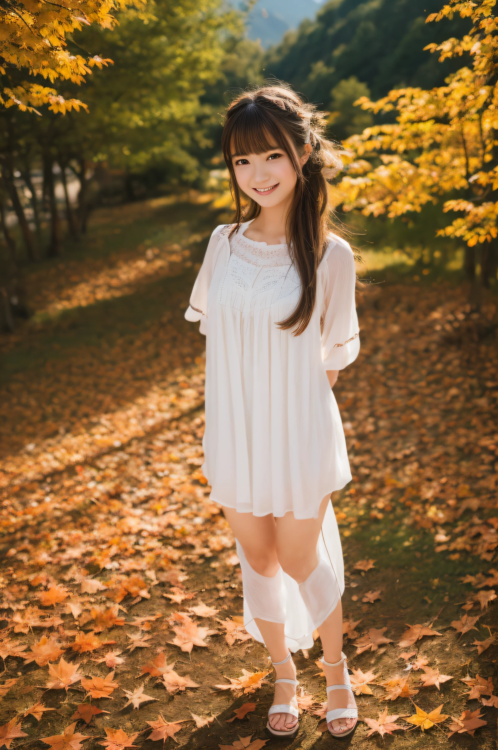 (((masterpiece))), top-quality, Extremely detailed, Detailed background, 1 girl, Very beautiful girl, Japanese, , Solo, Detailed face, Bangs, Smile, (Full body:1.8), (Random hairstyles :1.2), (Young Face), (Perfect body:1.1), Blouse, Summer, in 8K, Wallpaper, amazing, finely detail, Ultra-detailed, 超A high resolution, Extremely detailed, Pure erotic face, extremely detailed eye and face, Beautiful detailed eyes, highly detailedskin, No makeup, (Natural Skin),Vivid autumn leaves in the mountains