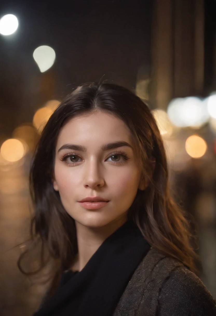 Girl on a rainy night,Front lens,Street background (Close-up shot shots:1.6),best qualtiy,F / 1 HD Photo T-Bokeh,Depth of Field Macro The atmosphere is sad