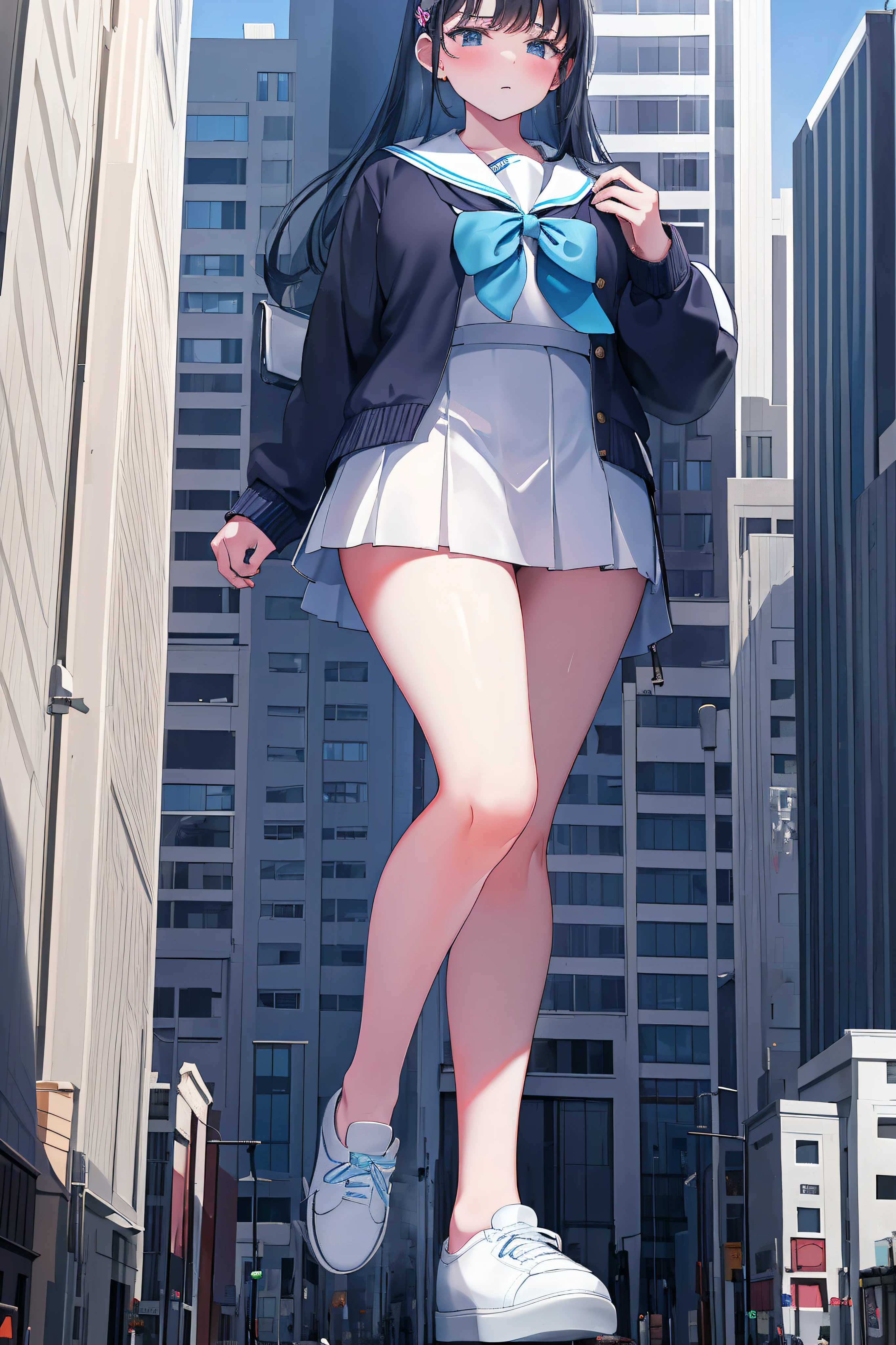 Huge teenage girl in sneakers，A girl taller than a building，a sailor suit，short  skirt，Sweaty maiden，Undress