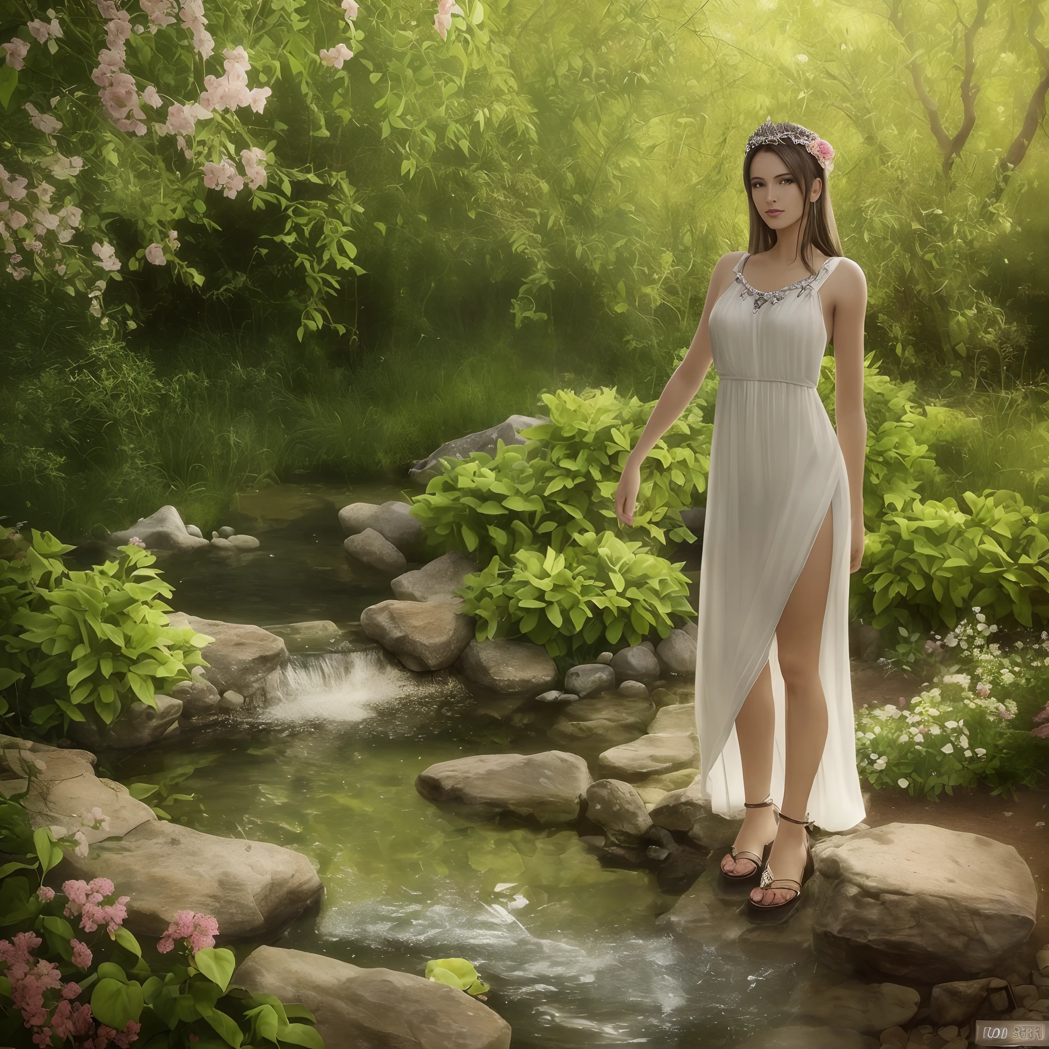 White girl, Cute Smile, biceps,ギリシャ神話のgoddess,Real Illustration,came out of the lake(whole body) ,Realistic Shadows, Sparkling eyes, Detailed skin, Slightly sparkling brown eyes, Pose for a photo,long golden straight hair, , Very detailed, Very detailedな 8K の顔, perfect face shape, perfect full lip, Perfect Nose, beautiful and correct eyes, Obedient, goddess: 3.45, Tabletop, Highest quality, single, alone, (Advanced Chibi)、(((On the lake)))、((pure white long dress with no decorations))、front、(she has a simple gold ax.)、 information