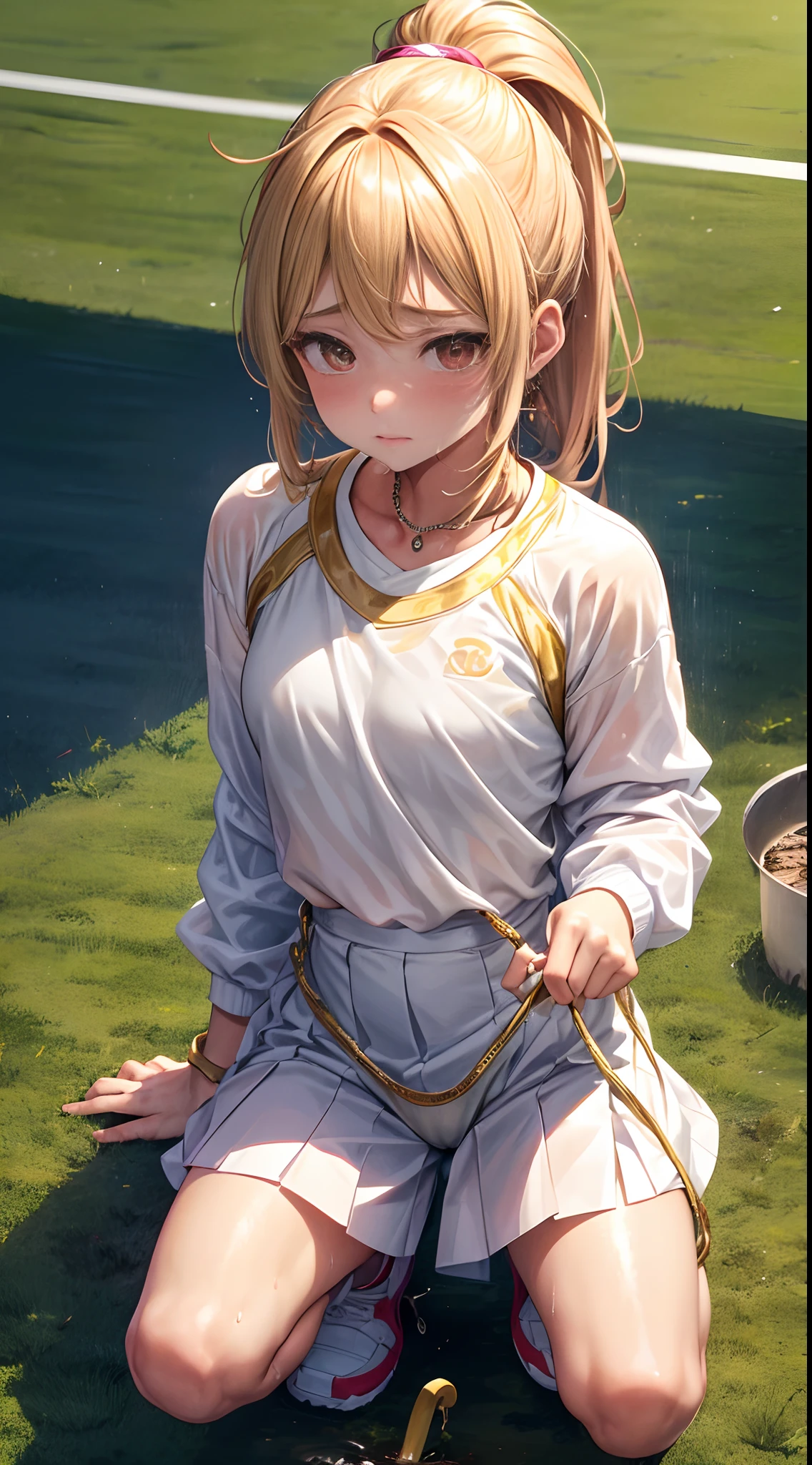 1womanl,12year old,Golden head hair,Beautiful ponytail hairstyle, White tennis wear, tiny chest,half squatting,Legs wide open,Leaking pee,My crotch is wet,(Lift Jewelry:1.3),(Urination:1.4),(embarrassed:1.2),Pants are see-through,Facing the front,Mansuji,