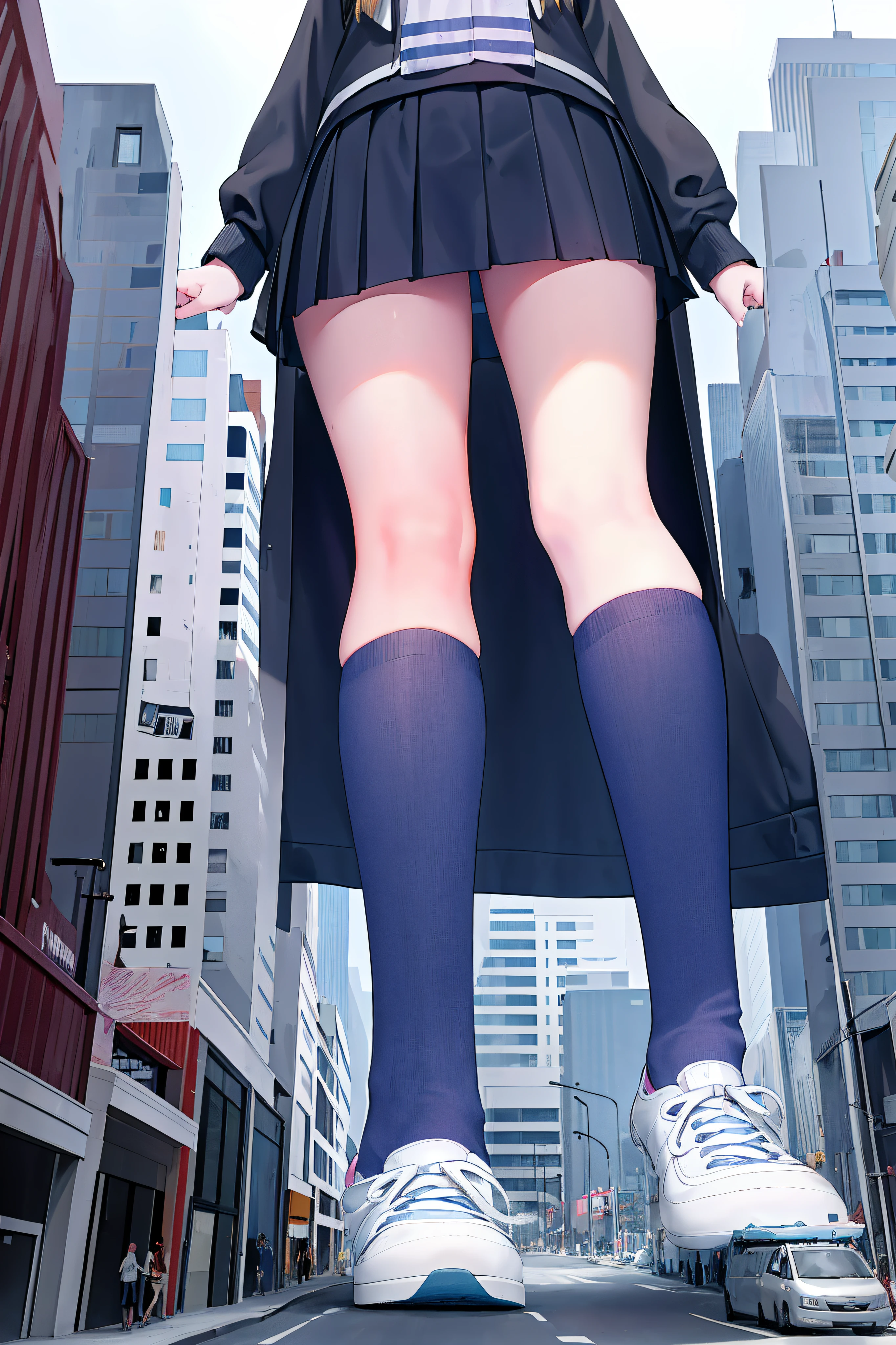 Huge teenage girl in sneakers，A girl taller than a building，a sailor suit，short  skirt，Sweaty maiden，Undress