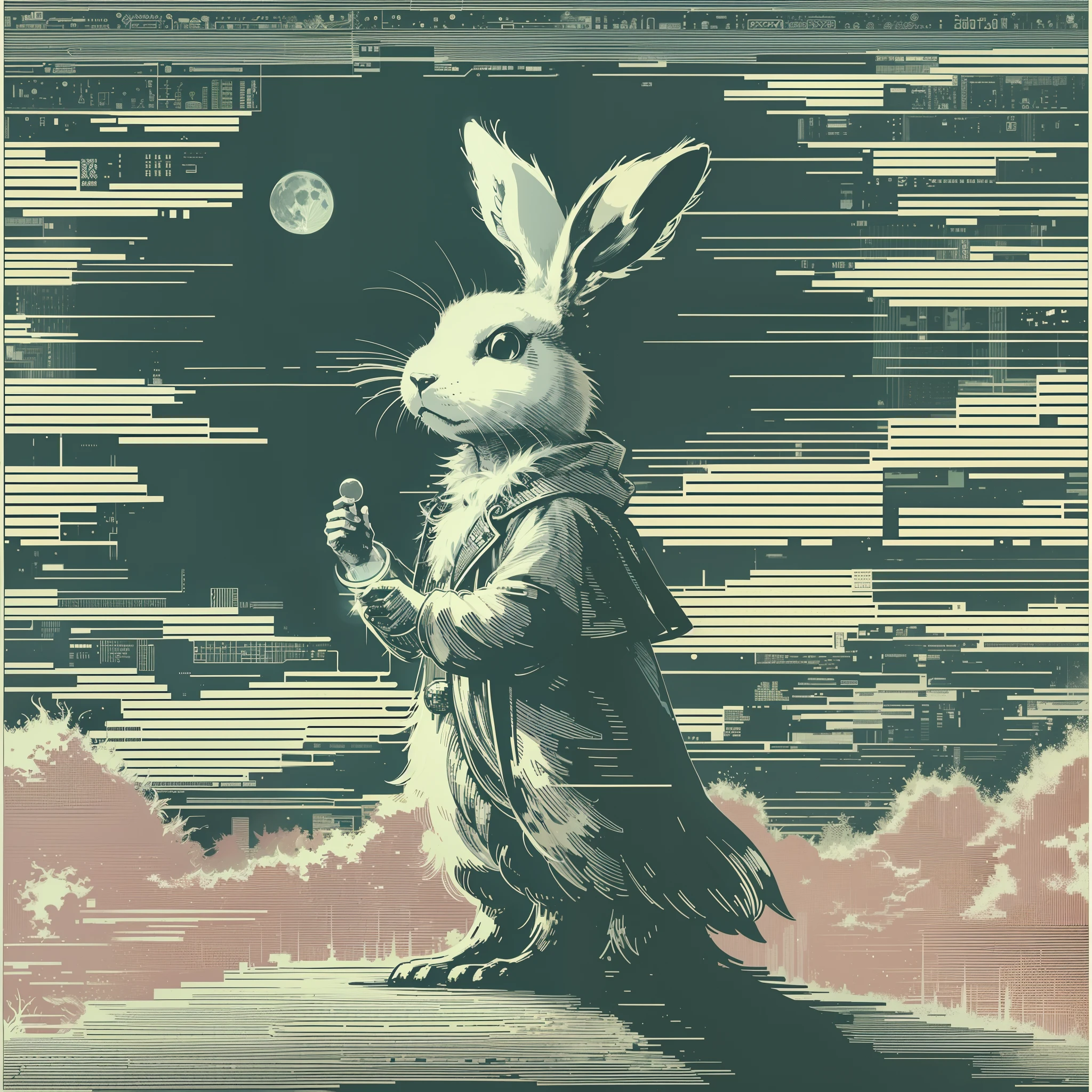 [white rabbit:5] looking up at full moon, ascii art  像素 8 bit style，