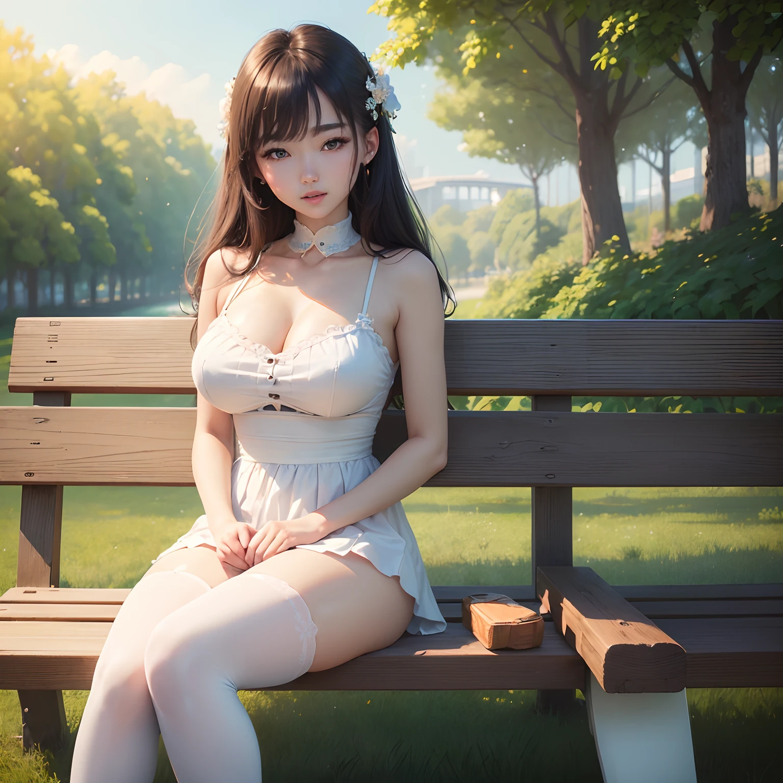 ((top-quality、8k、​masterpiece:1.3))、a park、sitting in a bench、Sunnyday、Skysky、girl with、Korean Makeup、Laughing、raise the corners of one's mouth、Beautiful、large full breasts、Show 、slim figure、Live action、20yr old、Slim body、Beautiful legs、white stockings、