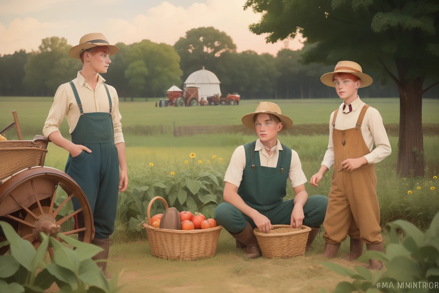 Year: 1932. Location: Lincoln, Minnesota. pre-raphaelite scene with ((3 boys)): two 16-year-old boys (one of them redhead and the other (native american)) and one 12-year-old blonde boy working hard in a garden, farming, hayfield, ((((1930s farmer clothes)))) ((1930s hairstyle)) ((in the style of "OMITB")) ((cinematic style))