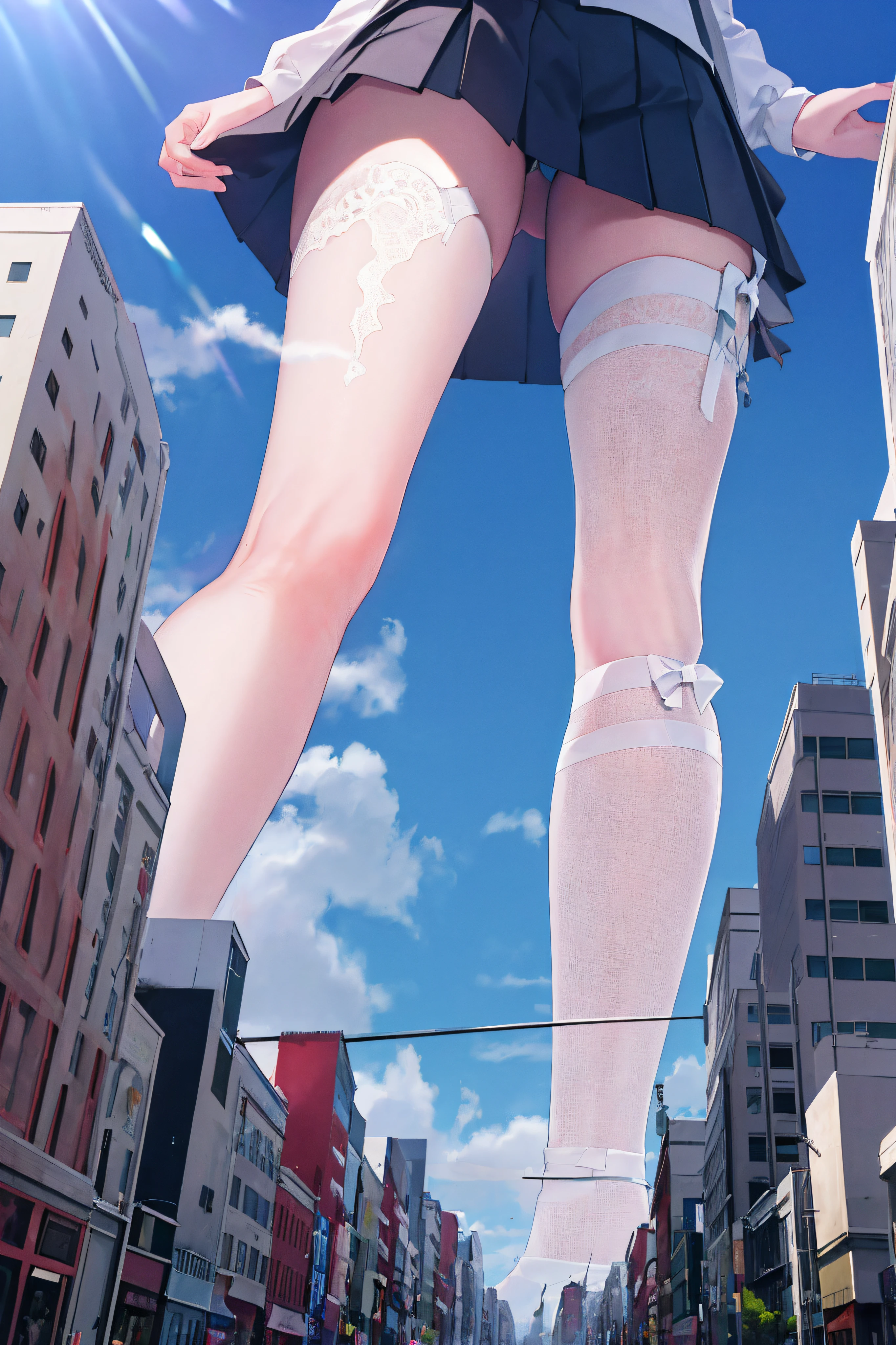 surrealism, shadowing, anaglyph, stereograms, tachi-e, angle of view, Atmospheric perspective, Close-up, Close-up, multiple views, From below, Perspective, Eye level shots, 8K, Super detail, ccurate, Best quality，Huge maiden in sneakers，A girl taller than a building，a sailor suit，short  skirt,Jump into a puddle