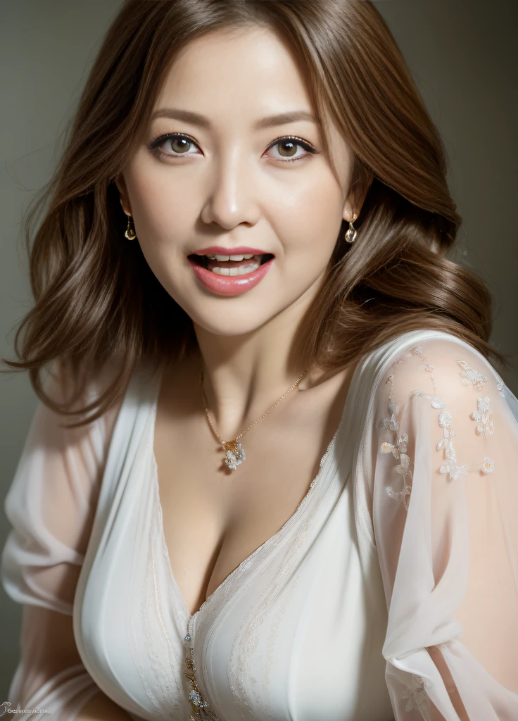 masterpiece,best quality, (one milf), ((portrait:1.5)), ((look down, looking at the viewer)), makeup, elegant blouse, wavy hair, ((open mouth)),