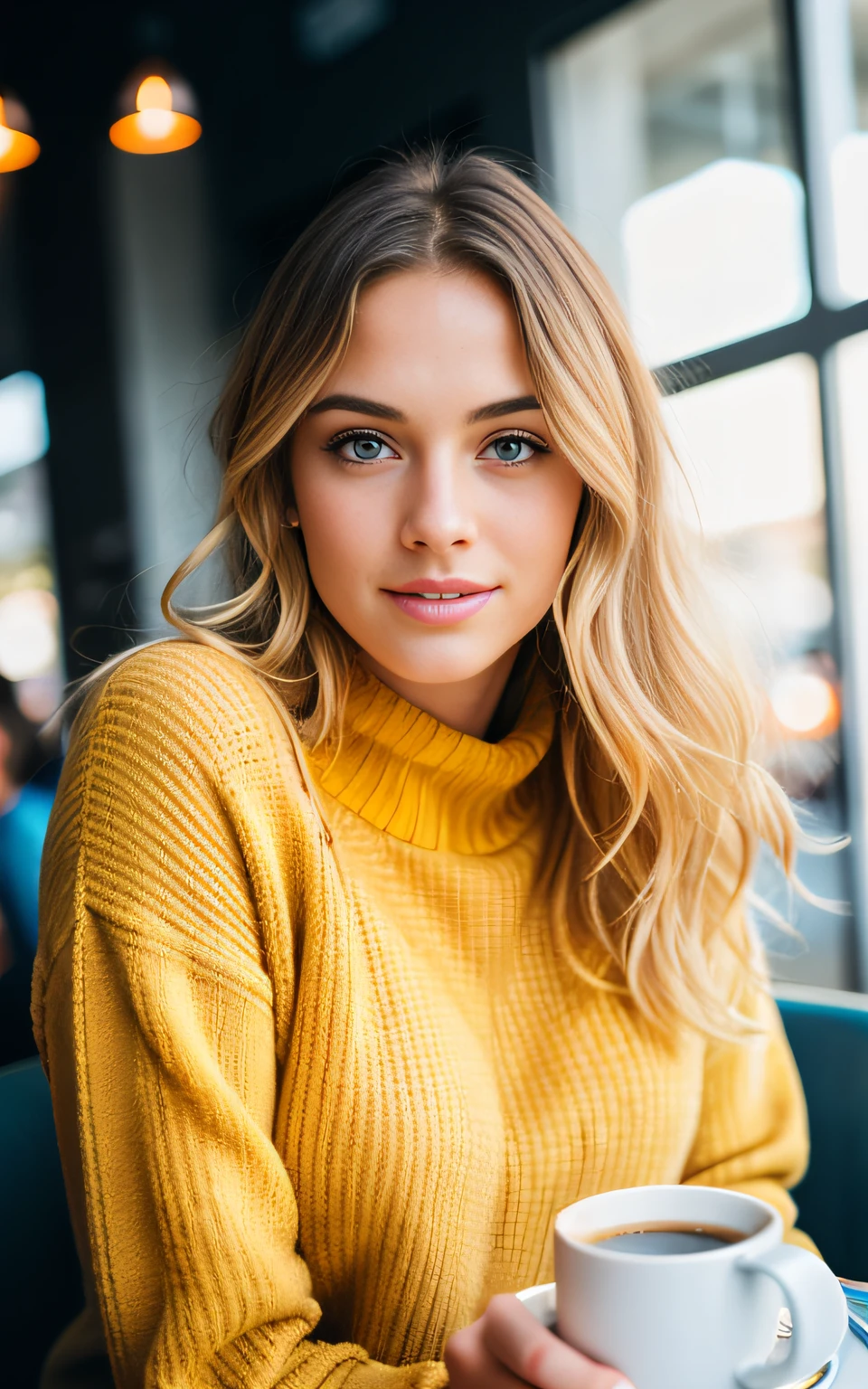 cute beautiful blonde wearing yellow sweater (drinking coffee inside a modern cafe at sunset), very detailed, 21 years old, inoccent face, natural wave hair, blue eyes, high-res, masterpiece, best quality,intricate details, highly detailed,sharp focus, detailed skin,realistic skin texture,texture, detailed eyes, professional, 4k, charmer smile, shot on Canon, 85mm,shallow depth of field,kodak vision color, perfect fit body, extremely detailed, photo_\(ultra\), photorealistic, realistic, post-processing, max detail, roughness, real life, ultra realistic, photorealism, photography, 8k uhd, photography