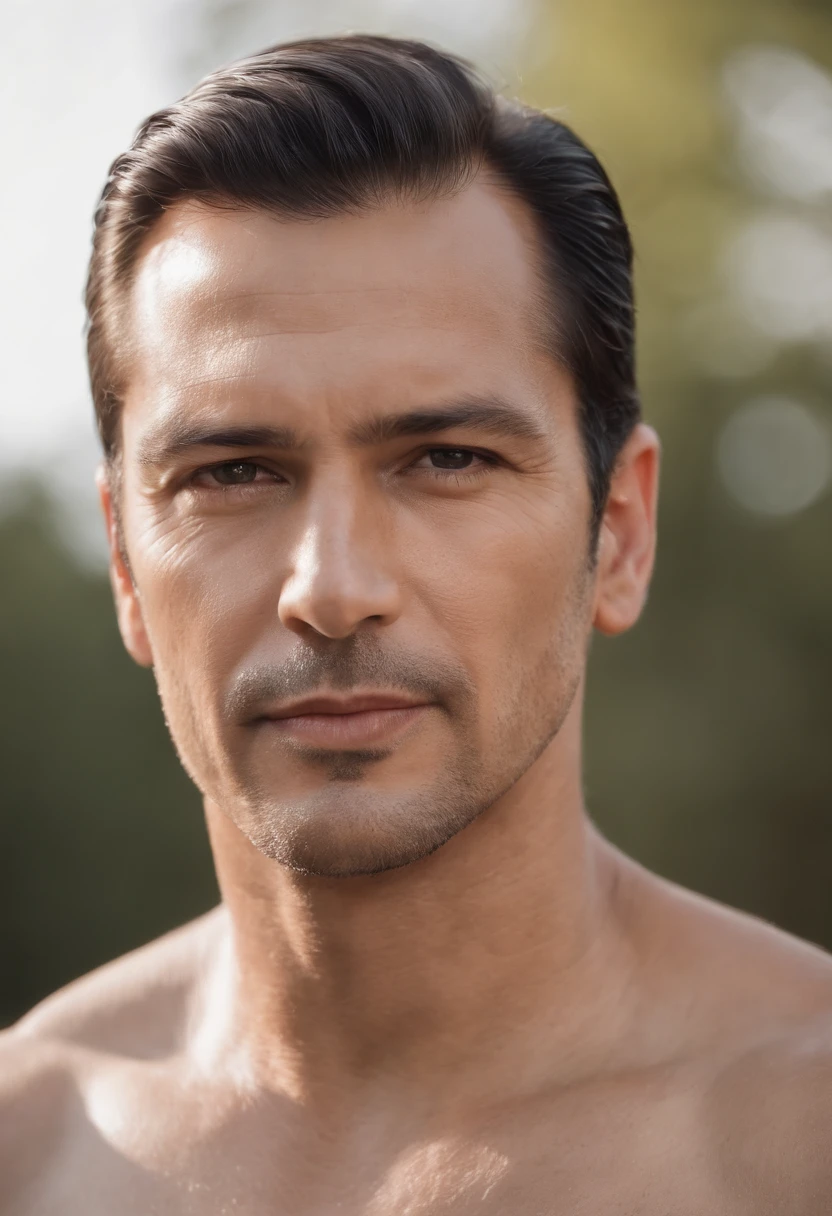A 46-year-old handsome king with black slicked back hair and trimmed stubble, no shirt, Tanned, Bronzed Skin, Photograph of a man's body,