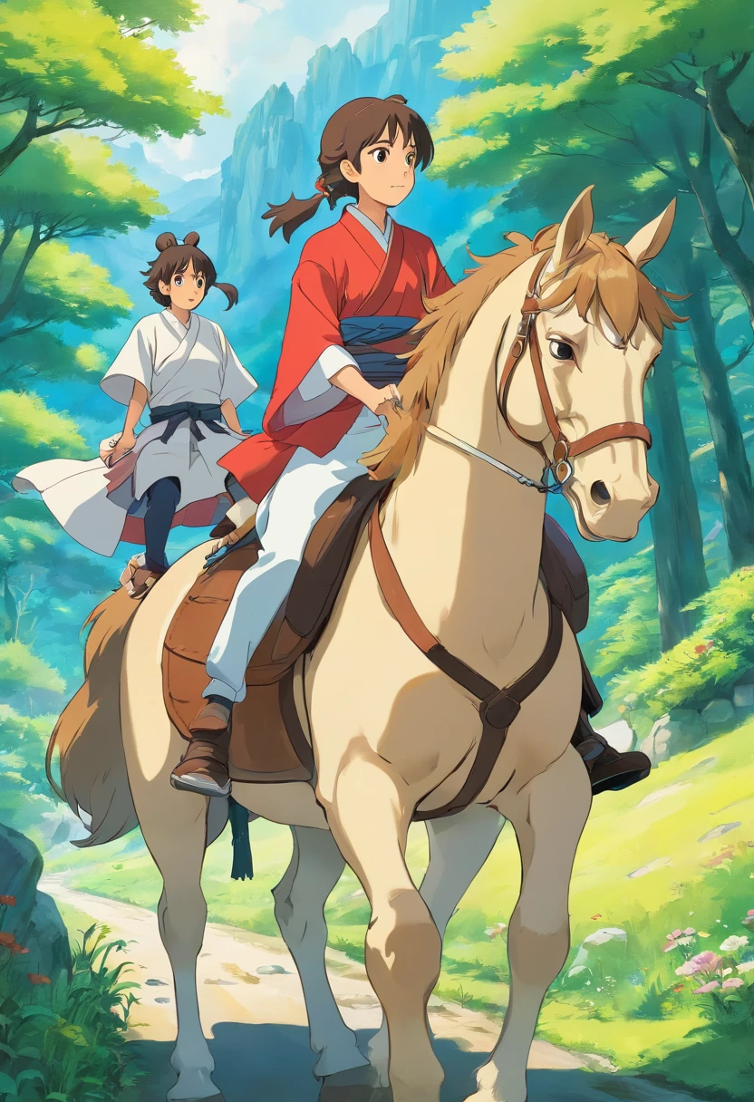 Two people carpooling on the back of a horse,Anime style,japanese samurai