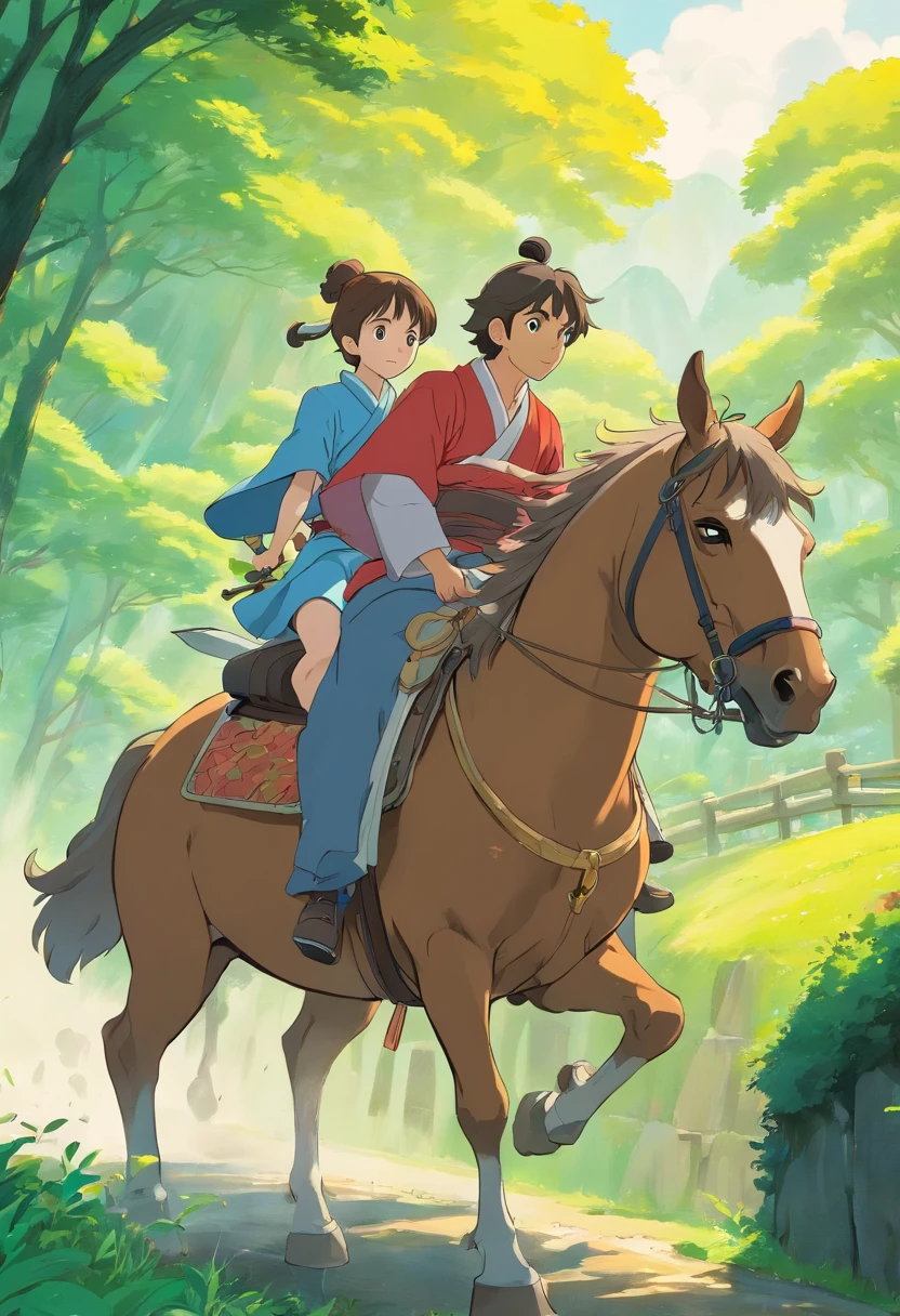 Two people carpooling on the back of a horse,Anime style,japanese samurai