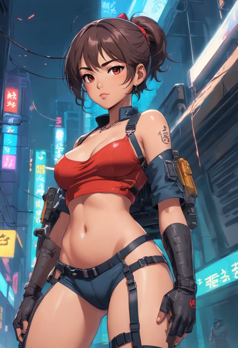 Cartoon-style digital art, pixar and disney features, beautiful black woman, face like model esyonce, bonbon brown skin, slanted asian eyes, curly hair tied back, ponytail hairstyle, wearing red police beret, beret red military, wearing large hoop earrings, necklace with military identification hanging around the neck, full breasts, short red shirt, (showing belly and navel), small waist, tactical belt with several compartments, short shorts with camouflage print, thick thighs and calves , pistol holster attached to thigh, big butt, wearing leather gloves, long-legged tactical boots with high heels, wielding technological weapon of war, clothing with cutouts in cyberpunk style, cyberpunk conceptart-style setting, technological environment, sci-fi, cameltoe, womb tattoo on underbelly, full stomach