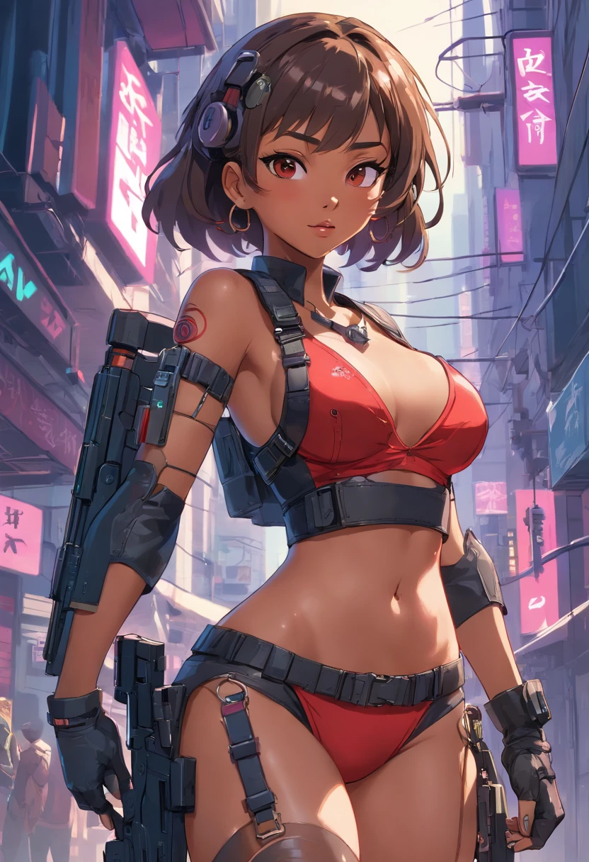 Cartoon-style digital art, pixar and disney features, beautiful black woman, face like model esyonce, bonbon brown skin, slanted asian eyes, curly hair tied back, ponytail hairstyle, wearing red police beret, beret red military, wearing large hoop earrings, necklace with military identification hanging around the neck, full breasts, short red shirt, (showing belly and navel), small waist, tactical belt with several compartments, short shorts with camouflage print, thick thighs and calves , pistol holster attached to thigh, big butt, wearing leather gloves, long-legged tactical boots with high heels, wielding technological weapon of war, clothing with cutouts in cyberpunk style, cyberpunk conceptart-style setting, technological environment, sci-fi, cameltoe, womb tattoo on underbelly, full stomach