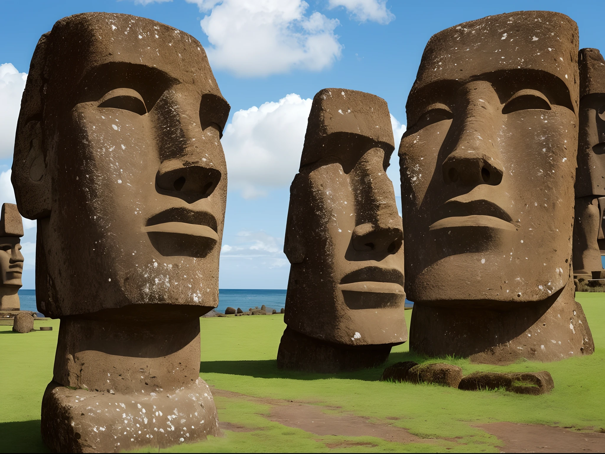 (8K, 16 K, Highest Quality, Photorealistic, Raw photo, awardwinning, High resolution, High Definition, masutepiece: 1.3),Moai、It is a type of statue made from a large rock that existed on ancient Easter Island. ocean,