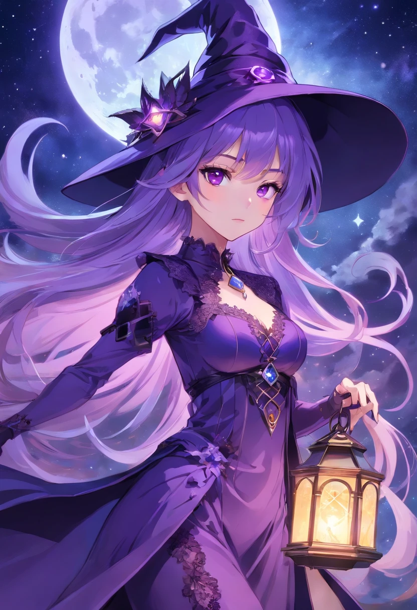 Color photo of the long witch, Flowing hair flows down to the waist, View in profile view. Her hair is a shiny shade of pale blue, sometimes、Bright purple streaks are intertwined throughout. Her purple eyes shimmer with a mysterious, seductive glow, Reflecting on her otherworldly powers. Her pale, Porcelain skin is perfect, Give her an ethereal look.The witch is dressed in stunning clothes, Anime-style costumes with intricate designs. Her attire consists of fit, Decorated with intricate lace patterns、Corset-like top decorated with mystical symbols. The tops are rich shades of dark purple color, Perfectly complements her purple eyes. The witch wears flowing clothes, Floor-length skirts made of a thin layer, Iridescent fabric that shimmers every time you move.Her outfit is accessorized with wide-brimmed accessories, Pointy hat, pure、In deep purple with delicate lace trimming、Decorated with a silver crescent charm. She wears long, Fingerless gloves with intricate lace details, Stretch to her elbow. Around her neck, She proudly wears a pendant shaped like a five-pointed star, Symbol of her magical prowess.Profile picture captures a mysterious witch, Fascinating surroundings. She is standing against the background of a starry sky, A crescent moon shines brightly behind her. The air is filled with a sense of wonder and magic, As if a witch is about to cast a spell.The atmosphere and atmosphere of the scene is、Exudes a sense of mystery and charm. The viewer is fascinated by the witch's enigmatic presence.、You can't help but be drawn into the world of magic and sorcery.Shot with a high-quality camera, The photo is、Amazingly vividly shows the intricate details of the witch's appearance. The camera model used is a professional-grade DSLR, Provides precise control over exposure and focus. The selected color film type is、Enhances the vividness of purple tones, Add depth and richness to your images. The lens used is po