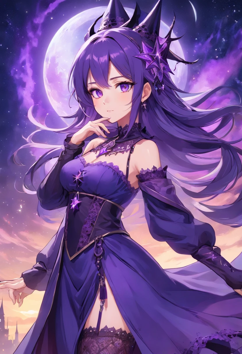 Color photo of the long witch, Flowing hair flows down to the waist, View in profile view. Her hair is a shiny shade of pale blue, sometimes、Bright purple streaks are intertwined throughout. Her purple eyes shimmer with a mysterious, seductive glow, Reflecting on her otherworldly powers. Her pale, Porcelain skin is perfect, Give her an ethereal look.The witch is dressed in stunning clothes, Anime-style costumes with intricate designs. Her attire consists of fit, Decorated with intricate lace patterns、Corset-like top decorated with mystical symbols. The tops are rich shades of dark purple color, Perfectly complements her purple eyes. The witch wears flowing clothes, Floor-length skirts made of a thin layer, Iridescent fabric that shimmers every time you move.Her outfit is accessorized with wide-brimmed accessories, Pointy hat, pure、In deep purple with delicate lace trimming、Decorated with a silver crescent charm. She wears long, Fingerless gloves with intricate lace details, Stretch to her elbow. Around her neck, She proudly wears a pendant shaped like a five-pointed star, Symbol of her magical prowess.Profile picture captures a mysterious witch, Fascinating surroundings. She is standing against the background of a starry sky, A crescent moon shines brightly behind her. The air is filled with a sense of wonder and magic, As if a witch is about to cast a spell.The atmosphere and atmosphere of the scene is、Exudes a sense of mystery and charm. The viewer is fascinated by the witch's enigmatic presence.、You can't help but be drawn into the world of magic and sorcery.Shot with a high-quality camera, The photo is、Amazingly vividly shows the intricate details of the witch's appearance. The camera model used is a professional-grade DSLR, Provides precise control over exposure and focus. The selected color film type is、Enhances the vividness of purple tones, Add depth and richness to your images. The lens used is po