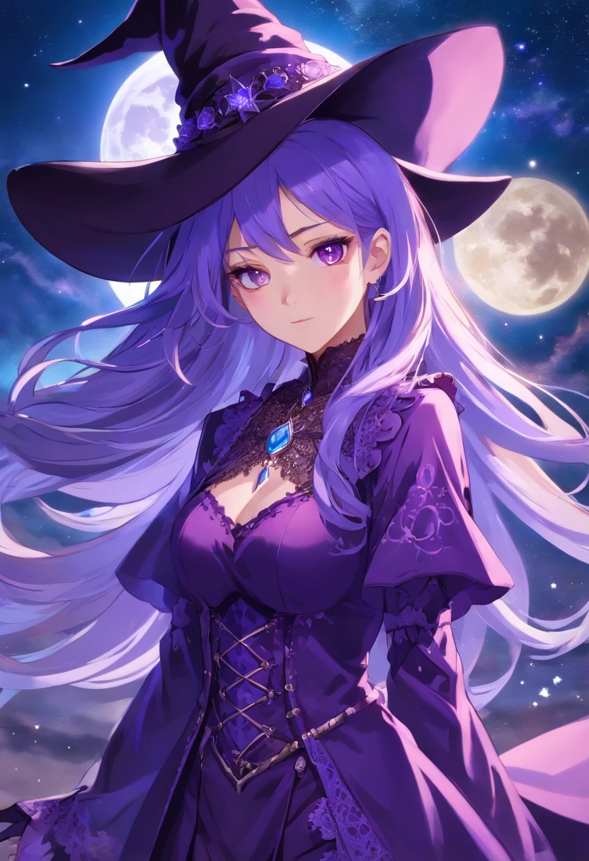 Color photo of the long witch, Flowing hair flows down to the waist, View in profile view. Her hair is a shiny shade of pale blue, sometimes、Bright purple streaks are intertwined throughout. Her purple eyes shimmer with a mysterious, seductive glow, Reflecting on her otherworldly powers. Her pale, Porcelain skin is perfect, Give her an ethereal look.The witch is dressed in stunning clothes, Anime-style costumes with intricate designs. Her attire consists of fit, Decorated with intricate lace patterns、Corset-like top decorated with mystical symbols. The tops are rich shades of dark purple color, Perfectly complements her purple eyes. The witch wears flowing clothes, Floor-length skirts made of a thin layer, Iridescent fabric that shimmers every time you move.Her outfit is accessorized with wide-brimmed accessories, Pointy hat, pure、In deep purple with delicate lace trimming、Decorated with a silver crescent charm. She wears long, Fingerless gloves with intricate lace details, Stretch to her elbow. Around her neck, She proudly wears a pendant shaped like a five-pointed star, Symbol of her magical prowess.Profile picture captures a mysterious witch, Fascinating surroundings. She is standing against the background of a starry sky, A crescent moon shines brightly behind her. The air is filled with a sense of wonder and magic, As if a witch is about to cast a spell.The atmosphere and atmosphere of the scene is、Exudes a sense of mystery and charm. The viewer is fascinated by the witch's enigmatic presence.、You can't help but be drawn into the world of magic and sorcery.Shot with a high-quality camera, The photo is、Amazingly vividly shows the intricate details of the witch's appearance. The camera model used is a professional-grade DSLR, Provides precise control over exposure and focus. The selected color film type is、Enhances the vividness of purple tones, Add depth and richness to your images. The lens used is po