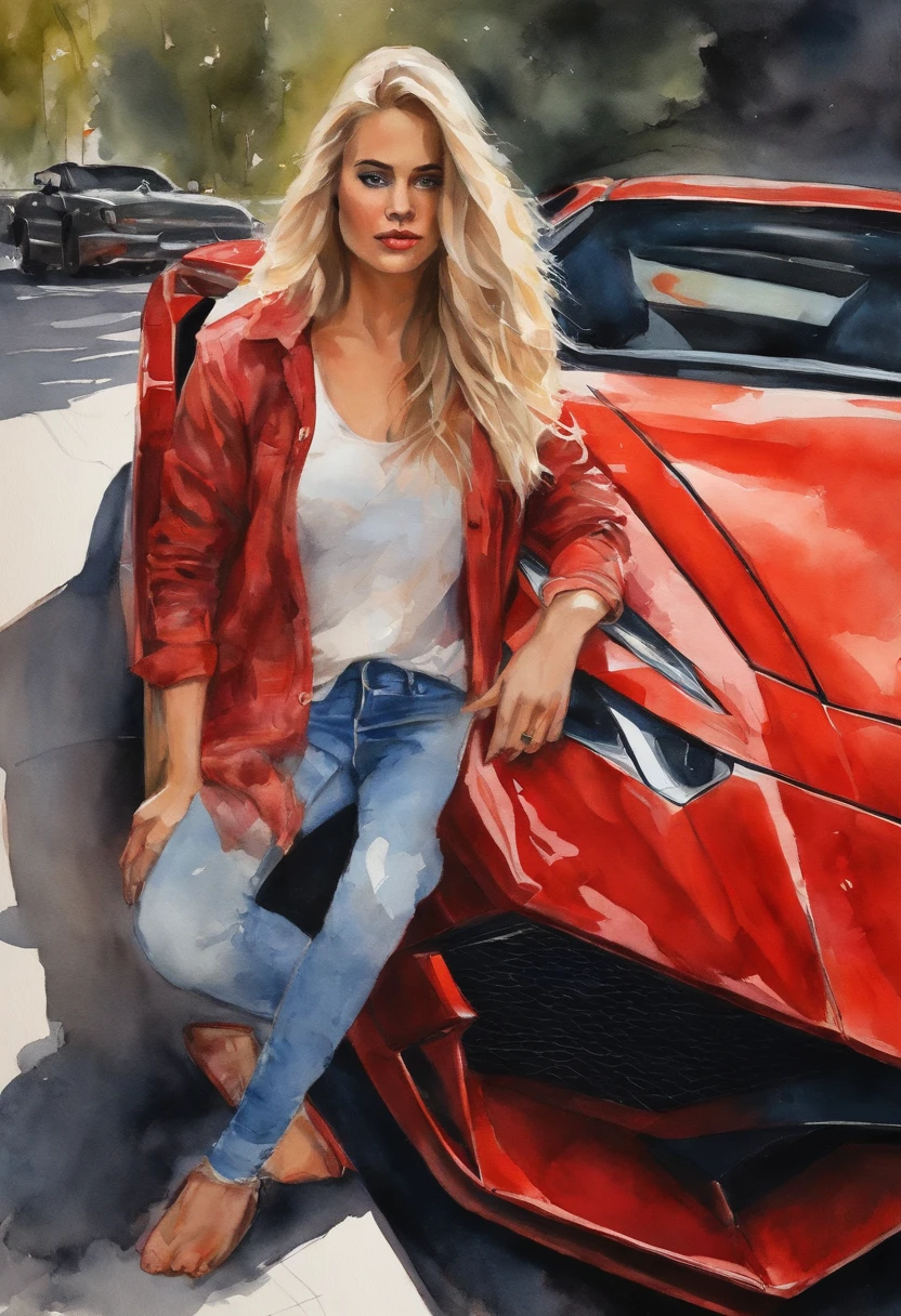 (obra-prima, mejor calidad),1chica joven sensual rubia con cabello claro sentada en un carro lamborghini rojo, la mano debajo de la barbilla, warm lighting, vestida de blue jeans and shirt, primer plano borroso