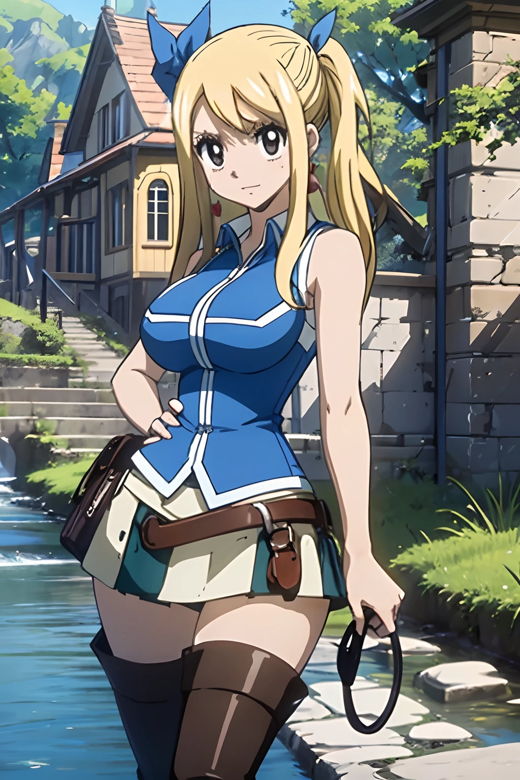 asterpiece, best quality, highres, lucy heartfilia, brown eyes, black pupils, blonde hair, long hair, side ponytail, blue ribbon, large breasts, earrings, thigh boots, blue shirt, sleeveless shirt, white skirt, standing, outdoors, town, house, cowboy shot, looking at viewer,