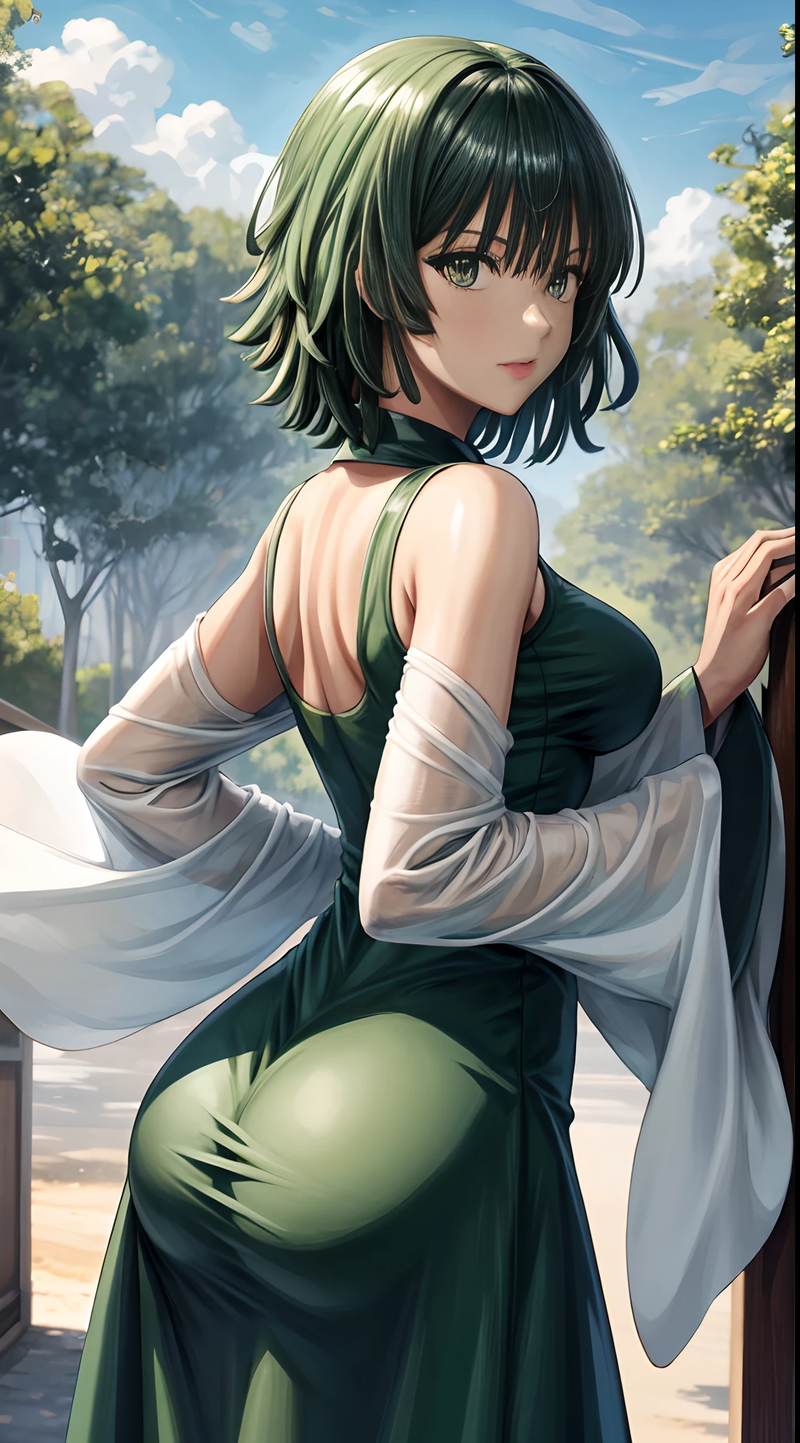 Uma mulher em um vestido verde sentado em uma prateleira,Fubuki de Um Soco Homem,  bonita do anime agachado, Fubuki, thicc, Ela usa um vestido verde escuro, Fubuki, peeping from behind, Postura das costas, Total growth behind, Growing from behind, Menina sedutora, mulher anime
