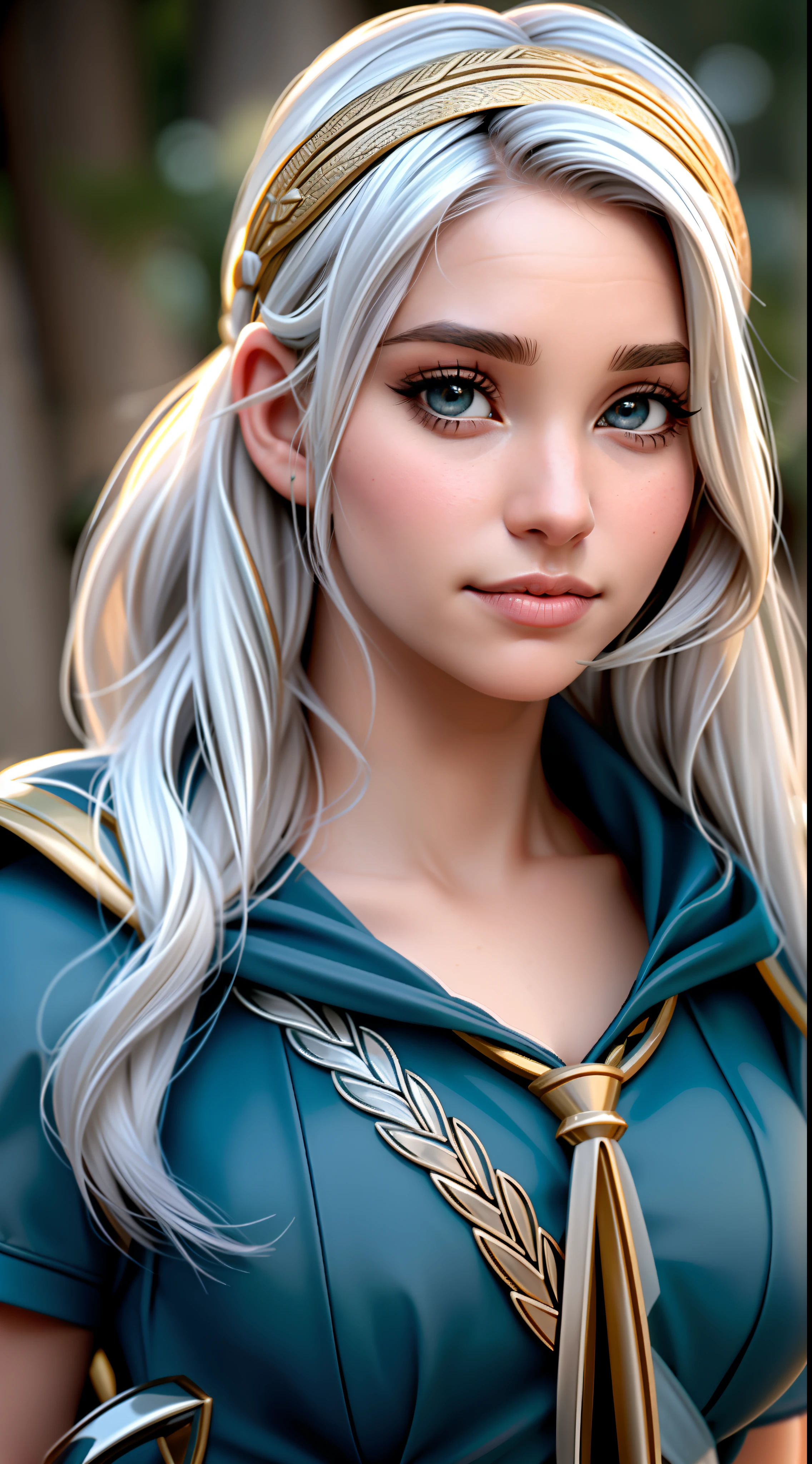 um close up de uma mulher com um arco e uma roupa de marinheiro, Daenerys, pomba cameron em uma armadura de cavaleiro, Daenerys Targaryen, menina perfeita de cabelos brancos, Ela tem orelhas de elfo e olhos dourados, cabelo loiro com rabo de porco, [[fantasia]], Kristen Bell como uma deusa grega, Similares a Malfoy, uma menina com cabelo loiro