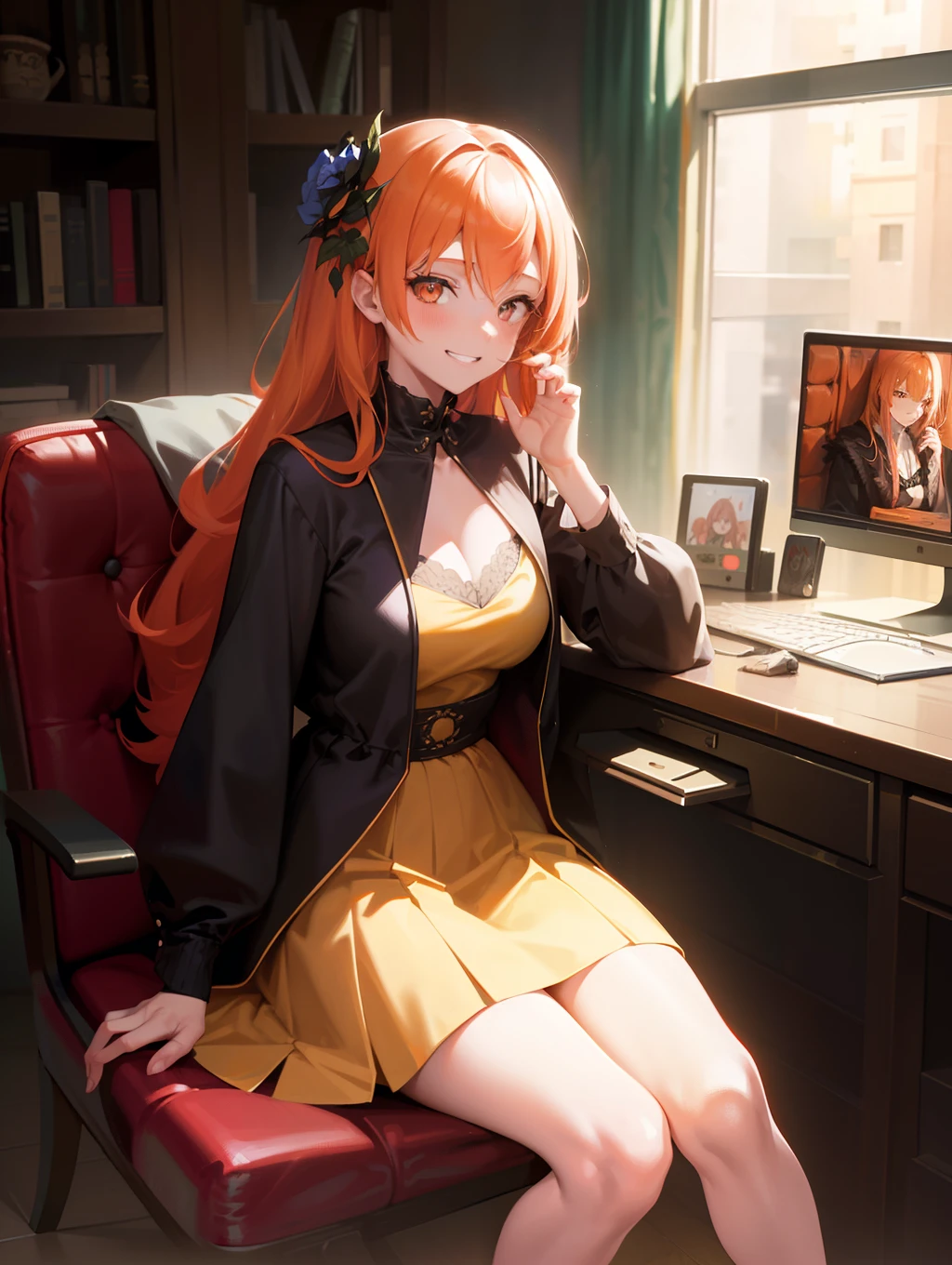 (masutepiece:1.4), (Best Quality:1.4), Fantasy, Extremely detailed, Convoluted, Hyper Detailed, Illustration,Soft lighting, 1girl in, Orange hair_flower, Dress, bend_Over , grin, (Perfect_Face), Sitting, desk work, ornate, Convoluted, Dramatic Lighting, 4K, Detailed_Background, Caustics, full_Body, digital_Illustration, from a_Side