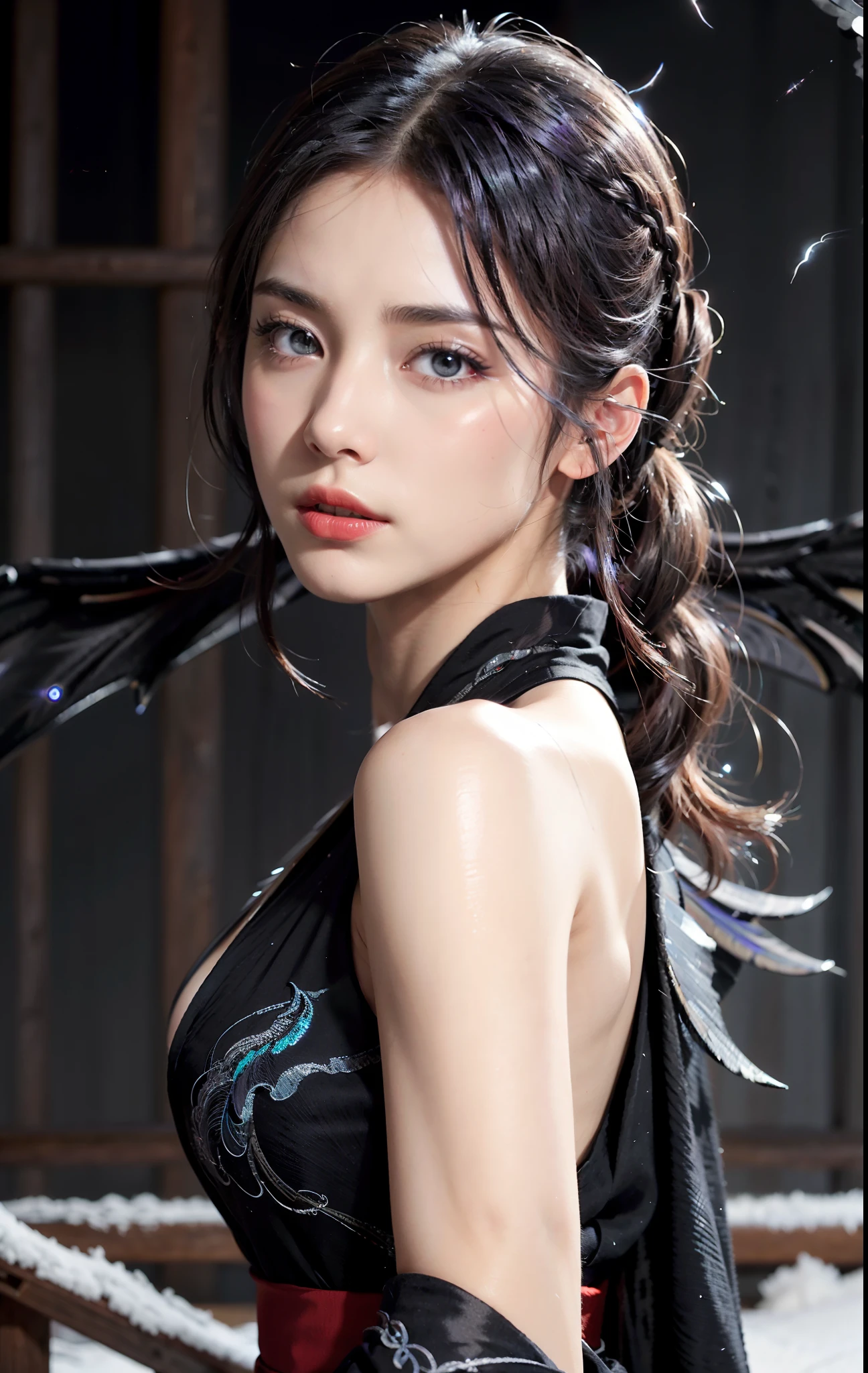 hair accessories, big breast, 8k hdr, (night:1.8), (black wing:1.8), masterpiece, (best quality:1.2), (ultra-detailed:1.2), illustration, (an extremely delicate and beautiful:1.2),cinematic angle,floating, (beautiful detailed eyes:1.1), (detailed light:1.1),cinematic lighting, beautifully detailed red sky, women, ginger hair, blue eyes, (french braid:1.1), (bare shoulder, open kimono), glowing eyes, (red moon:1.2), (red moonlight:1.1), starry red sky, (lighting particle:1.1), fog, snow painting, sketch, bloom