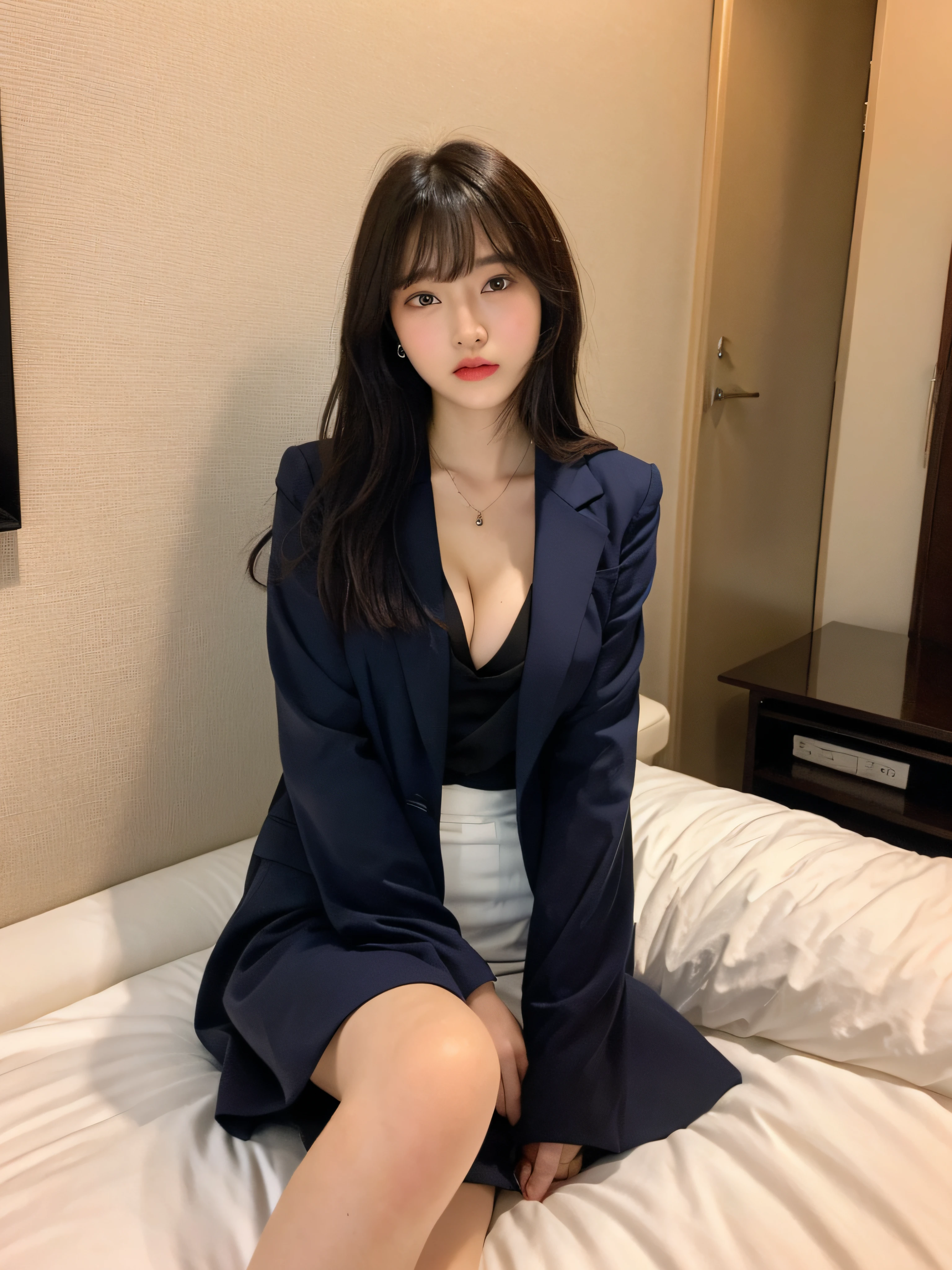 (top-quality、hight resolution、masterpiece:1.3)、Tall and cute woman、A detailed eye、Detailed skin、Silky hair、Full body like、dismay、red blush、embarrassed from、glares、 shiny little necklace and earrings, shiny lips: 1.4, humiliated、impatience、dismay、(Frightened:1.8)、glares、Soft breasts、Exposed cleavage、lift up one's skirt、red blush、embarrassed from、I see underwear、Open knees、open one's legs、Masturbation behavior、Disheveled clothes、Dressing、White blouses、Stockings、Wearing sweat、Neat and clean woman,18 years old, 1 persons、(Dark blue suit: 1.8),(tight skirts:1.8)、Masturbation behavior、sexual excitement、Wavy Hair, bangs flowing diagonally, short-cut,、Black brown hair、Blue-gray eyes、 In the hotel in the middle of the night, sit on a bed、Gravure Pose、Smaller chest、A slender、