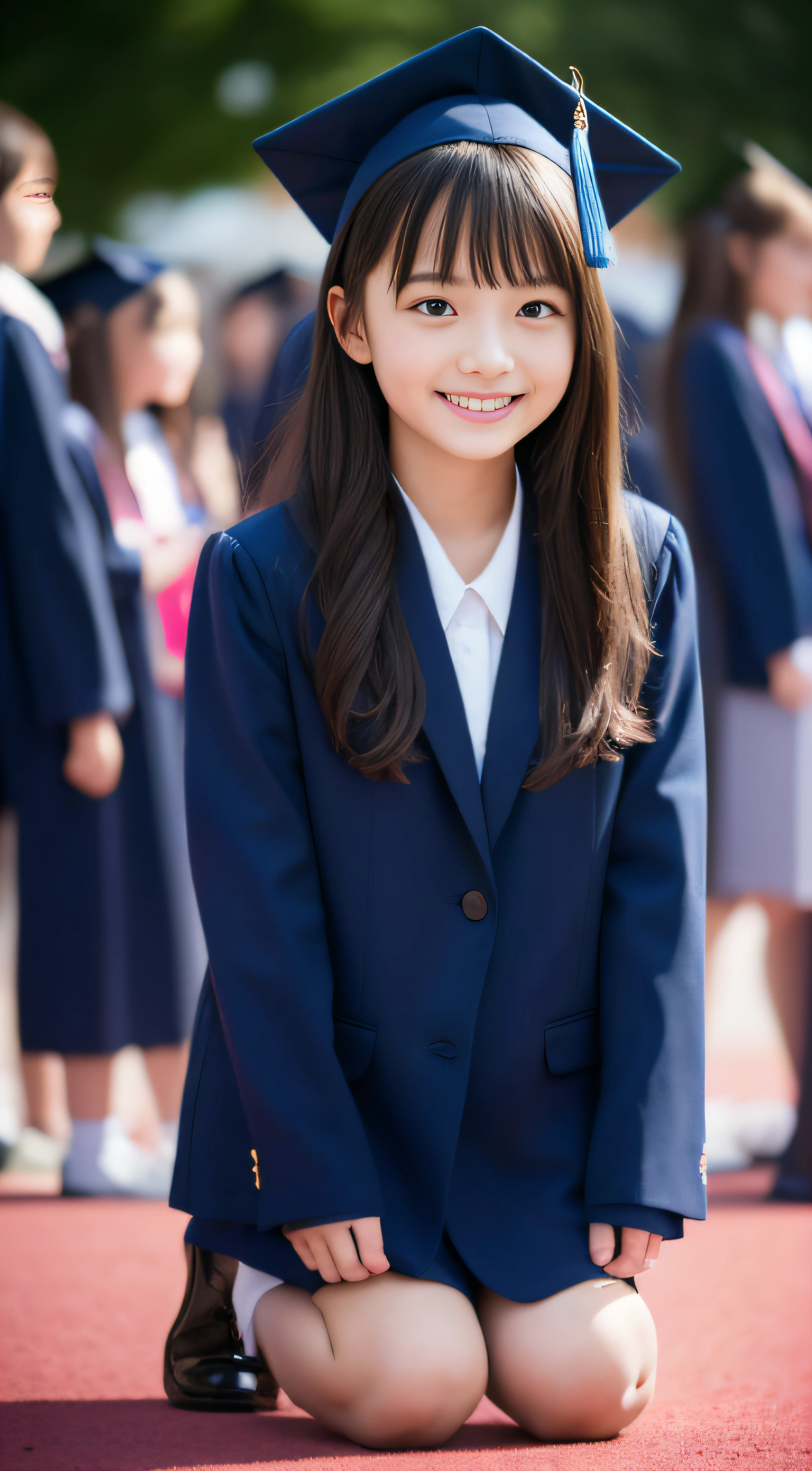 Kawaii Girl,japanes,years,Full Body Display、masterpiece、8K、Graduation uniform in navy blue blazer、low angles,With the best image quality、beautiful a girl, cute little,, hight resolution, ultra-detailliert, finely detail, ighly detailed, extremely detailed eye and face, Sharp pupils,Teenage girl standing at elraduation ceremony。In ultra-high resolution,Cute smile, Cinematic lighting,tranquil atmosphere、Beautiful fine details,extremely detailed eye and face、Ultra-wide-angle shooting、kneeling to,elementary student