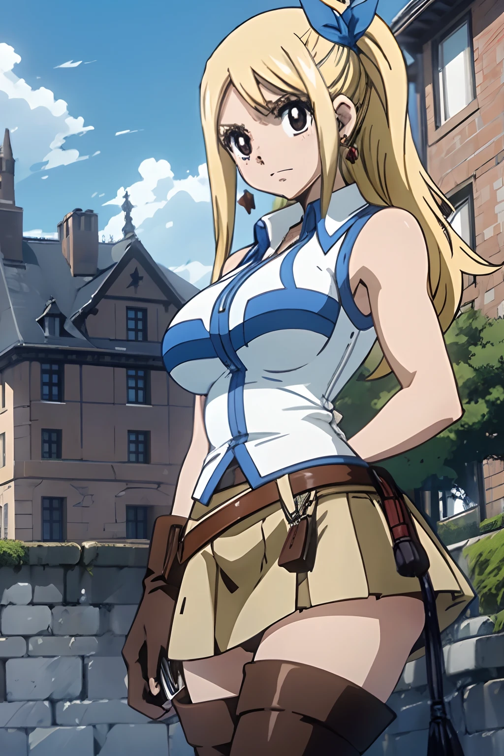 asterpiece, best quality, highres, lucy heartfilia, brown eyes, black pupils, blonde hair, long hair, side ponytail, blue ribbon, large breasts, earrings, thigh boots, blue shirt, sleeveless shirt, white skirt, standing, outdoors, town, house, cowboy shot, looking at viewer,