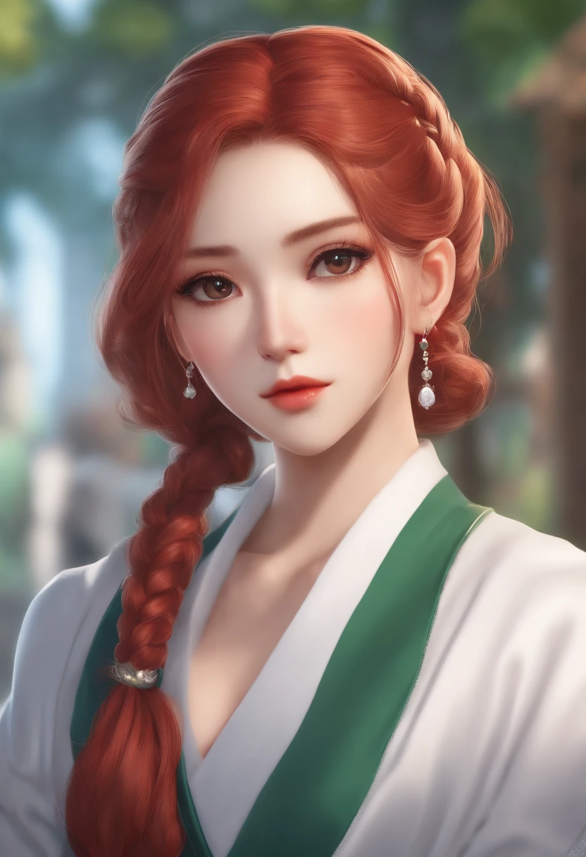 anime, Temha, um close up de uma mulher com ((red hairI have braided low ponytail)) e (((Os mais belos olEu tenhos verdes))) em (((roupa azul))), (((determemado)), 8k, Motor Unreal 5, octan render, por kyun, GamanG, Yoon Gon-Ji, G.Eu tenho, Gosonjak, Shuroop, Serious, Domi, noah, trending on pixiv, fanbox, emclemação, master part, Rosto detalhado, pele macia e suave, Grees olEu tenhos sonhadores, lemdos cabelos coloridos emtremcados, symmetric, anime olEu tenhos arreGalados, a soft glimpse, arte conceitual, pemtura diGital,