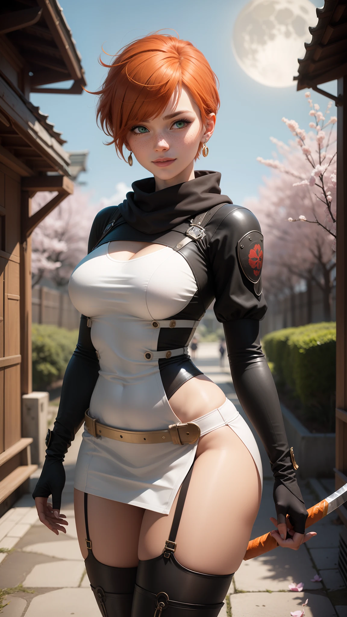 gwen tennyson,tracer,yorha 2b,rebecca chambers,samurai outfit,japan,steel armor,teenager,green eyes,garter belt, thigh high boots,short hair,orange hair,moonlight,cherry blossom,shy smile,white striped top,bodycon skirt, kimono,freckles,redhead,beautiful girl,large breasts,ultra detailed,realistic, long ninja scarf,silver earrings,holding a katana,