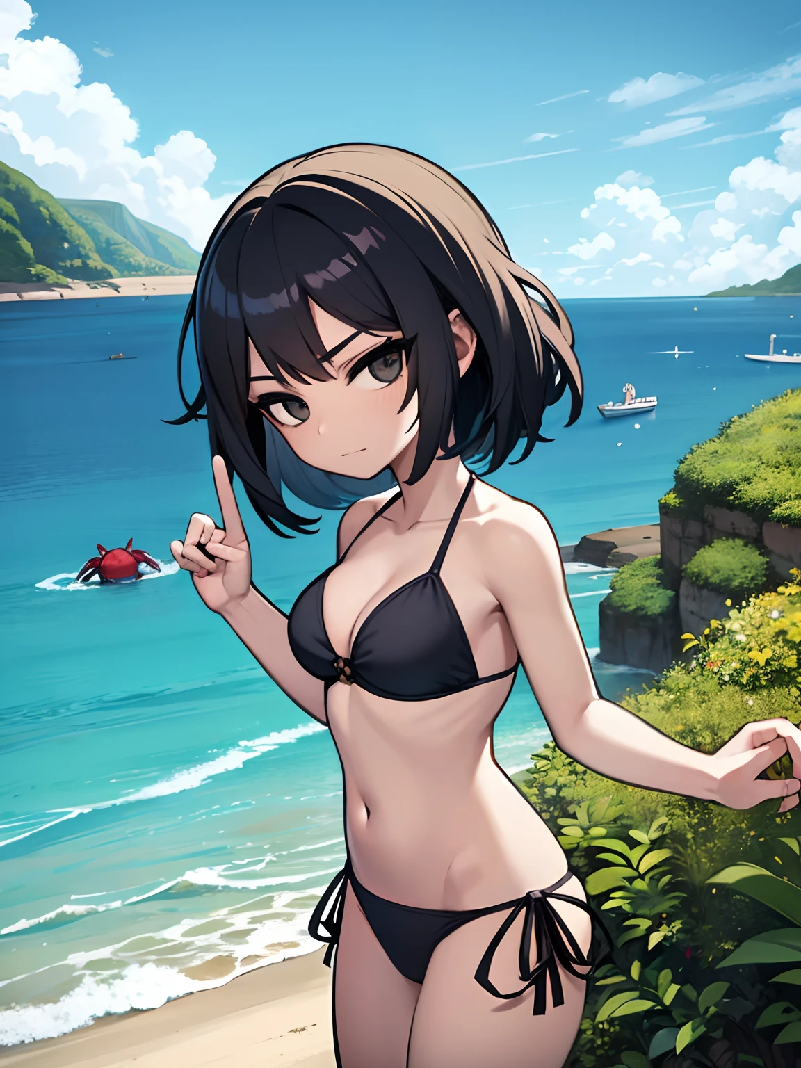 ((masterpiece, best quality)), (1girl), (solo), (female focus), island, oasis, ocean, ((standing)), black hair, black eyes, bikini, poking, sand, crab, kawaii, scenery,