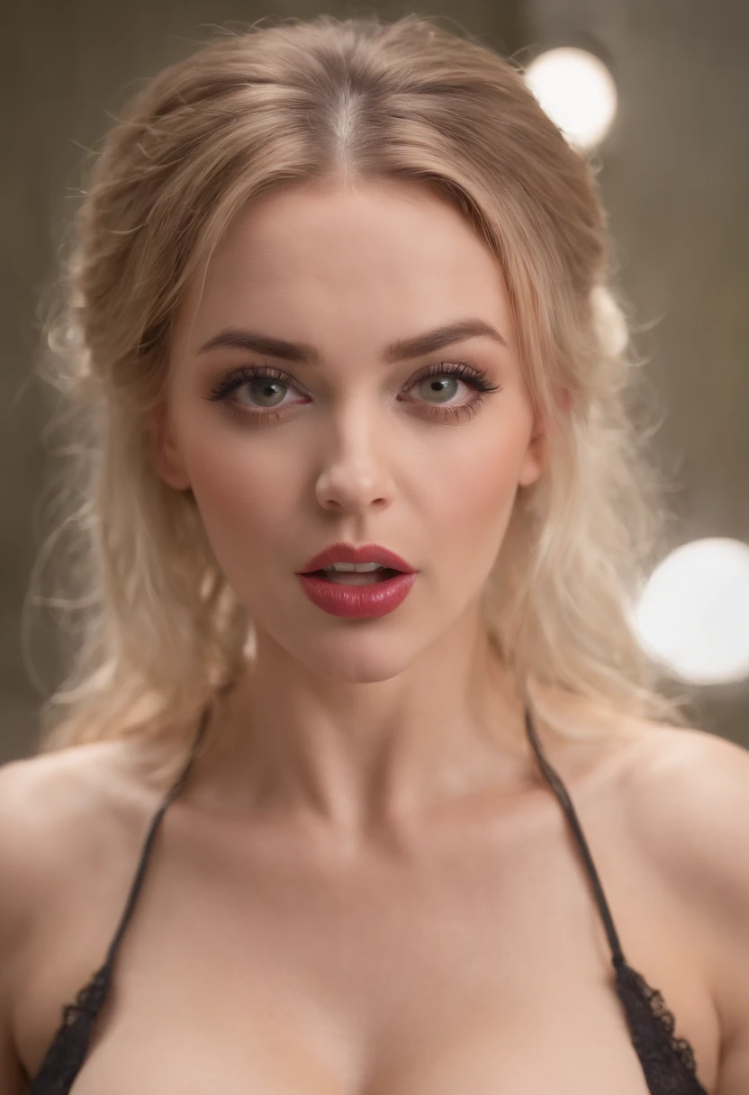 Big tits bimbo kneeling, hypnotized eyes, drooling, mouth open, tongue out, staring at hypnotists cock