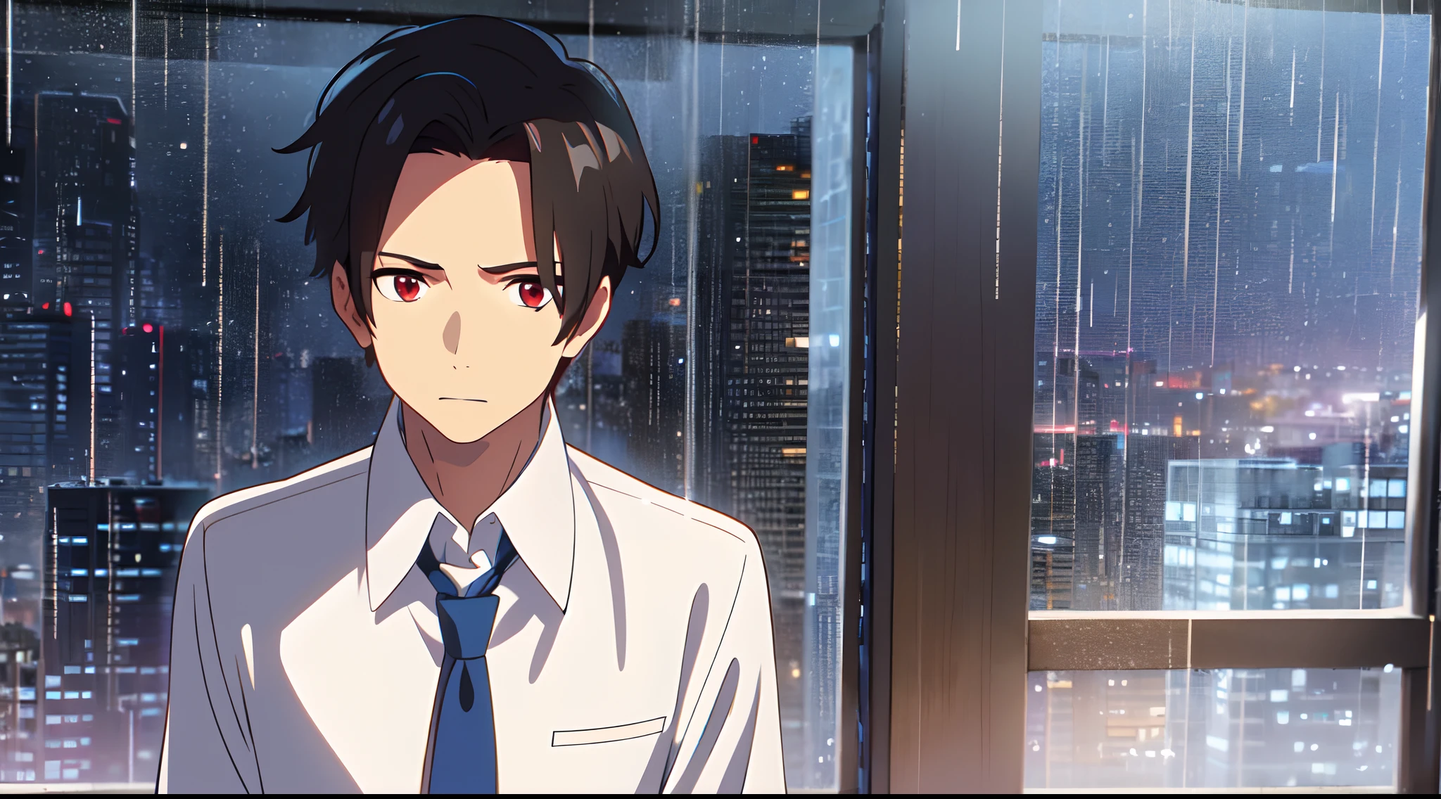 masterpiece, best quality, 1Boy, solo, short black swept to the right, forehead, red eyes, sky, rain, transparent white shirt, blue necktie, close up, look at viewer, city