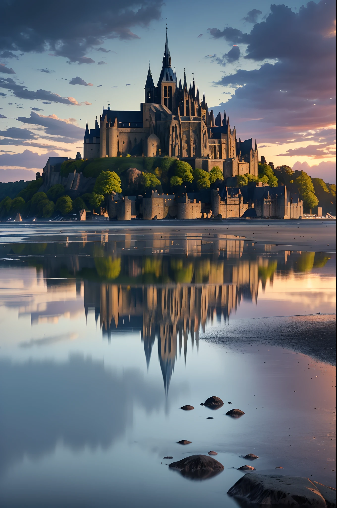 masutepiece: 1.3, of the highest quality, High quality, Highly detailed CG Unity 8k wallpaper, perfect reflections, stunning water surfaces, Outdoors, Mont Saint-Michel ,France, World Heritage Site, Islet above the Bay of Saint-Malo, West Coast of France , Towering monasteries, Castle-like, skyporn, Clouds, Dusk, No humans, Visual paradox, Breathtaking, Detail Enhancement, Detail Enhancement, Break through perfection. awardwinning photo, Bokeh, depth of fields, nffsw, bloom, chromatic abberation, Photorealism, Highly detailed, Intricate details, Dramatic,