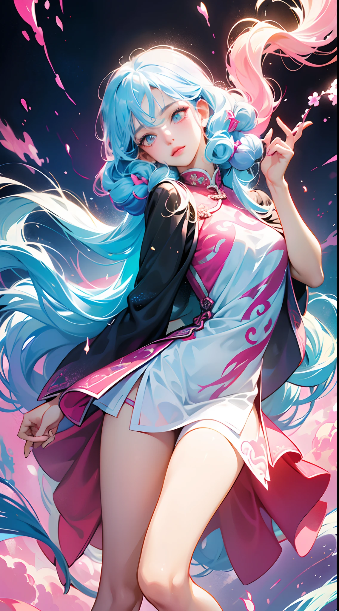 8K,gal,an extremely delicate and beautiful,Beautiful and realistic skin,Shiny jewel-like earrings,Shine like glitter long colorful hair,beautiful eyes,full body,Ao dai,Clothes are transparent