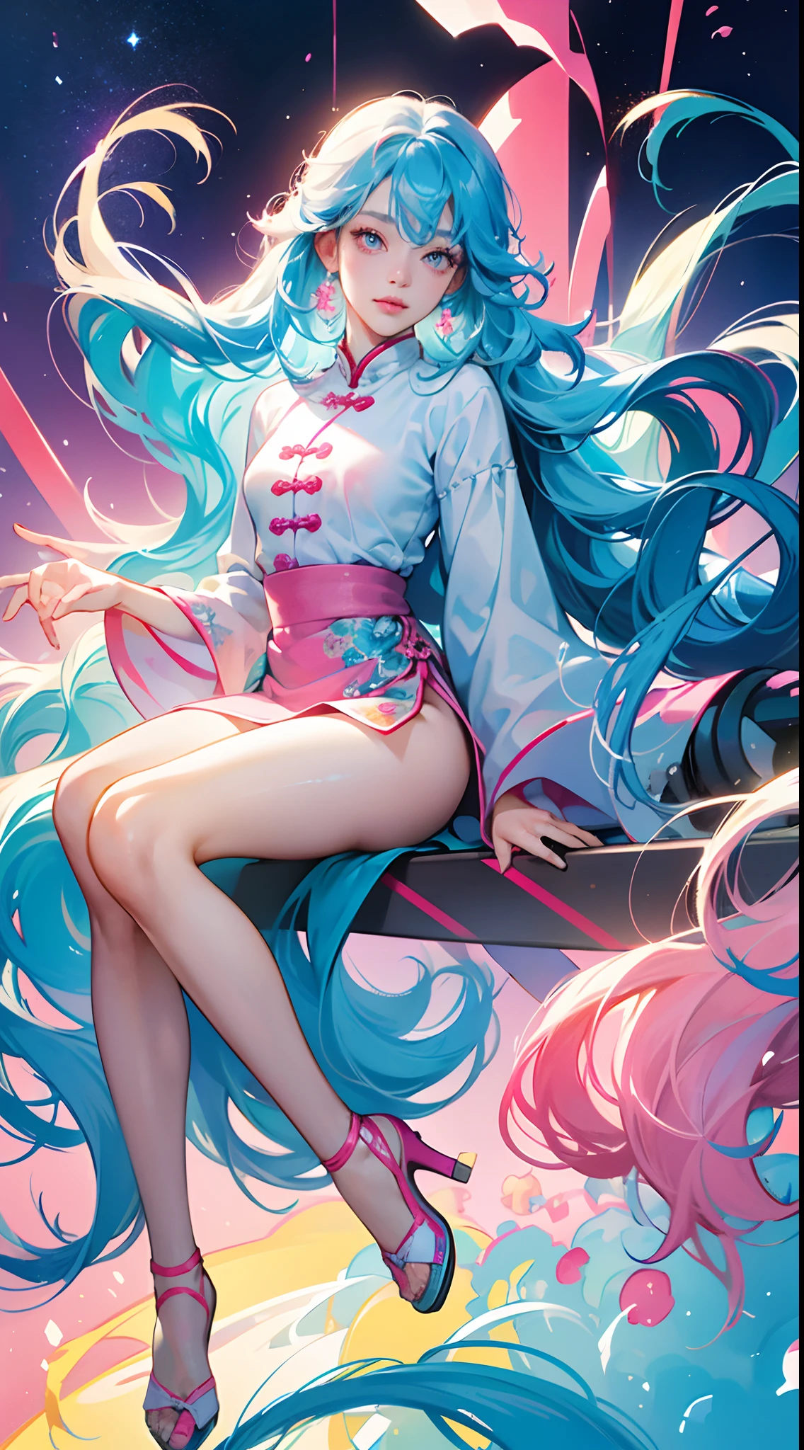 （tmasterpiece、best qualtiy、A high resolution），white backgrounid，Acrylic paints，（（splash of color，Splash ink、Color splattering）），Sweet Chinese girl，light blue long hair，[light blues|Pink big breasts]the hair，curlies，glitters，Pink lips，White color blouse，frontage，Above the legs